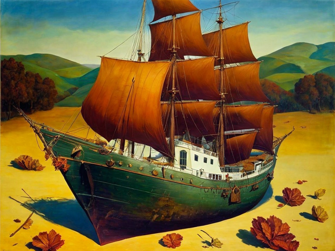 Majestic ship with orange sails in surreal landscape