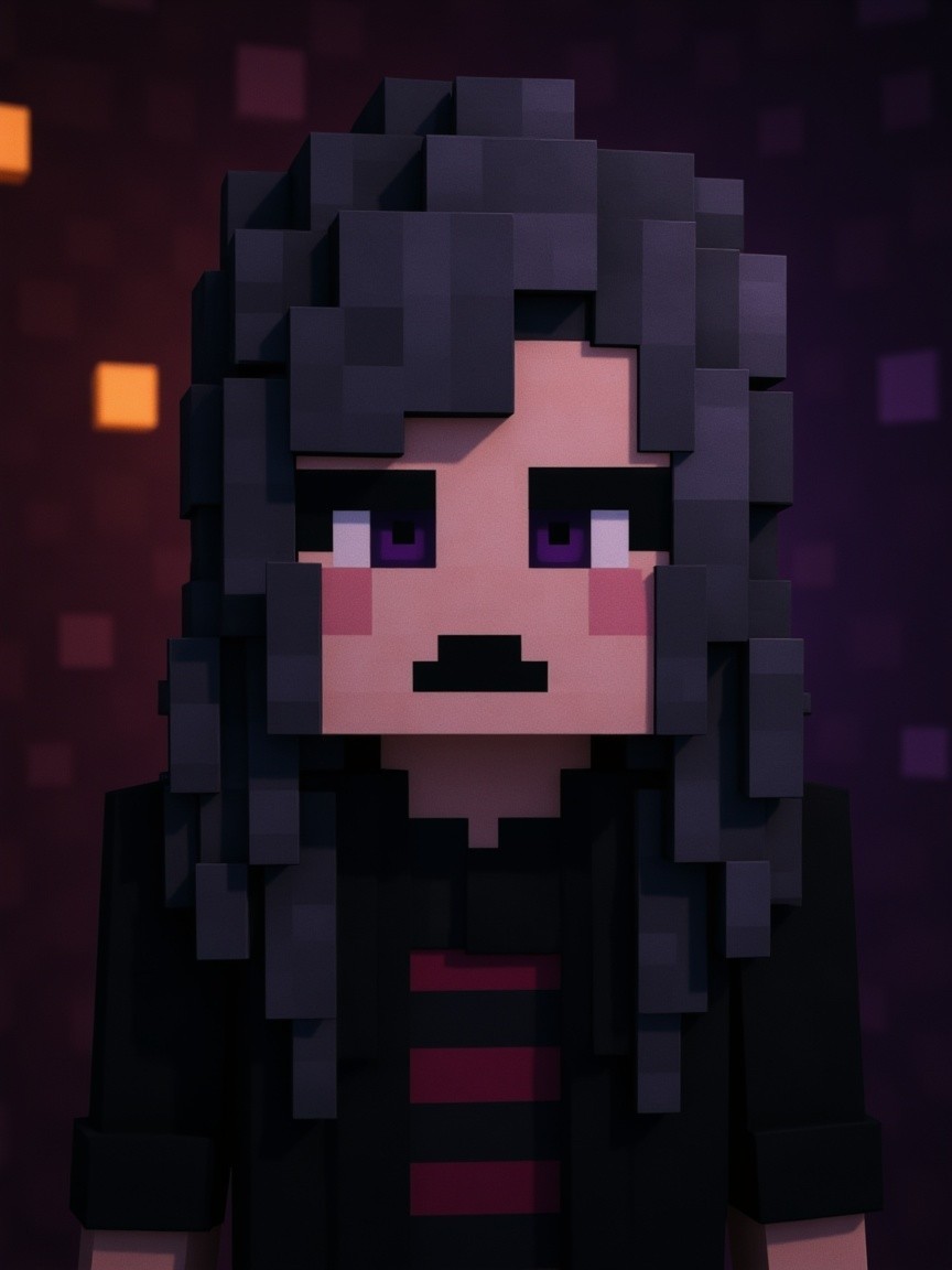Pixelated character with gray hair and purple eyes