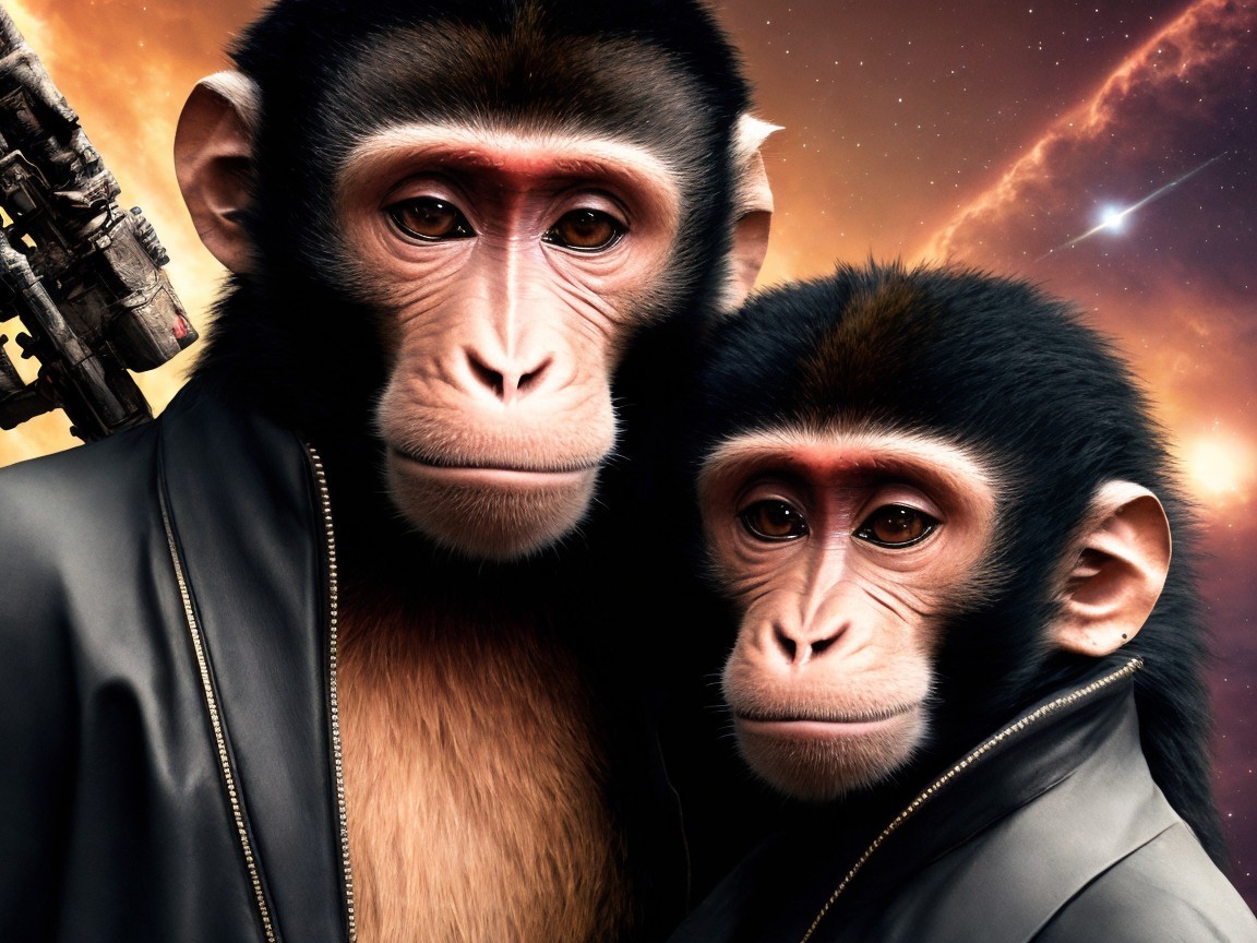 Stylized Chimpanzees in Cosmic Backdrop with Jackets