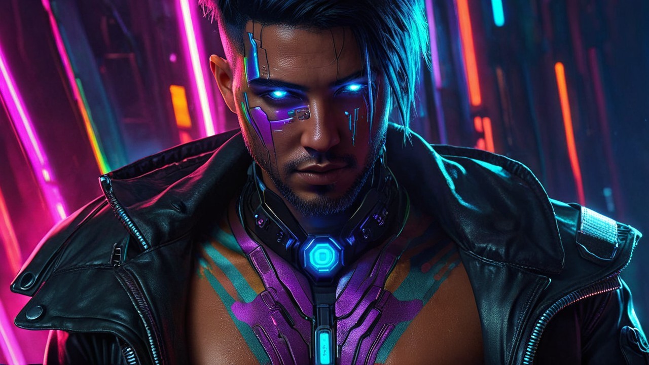 Futuristic Character with Cybernetic Features and Neon Lights