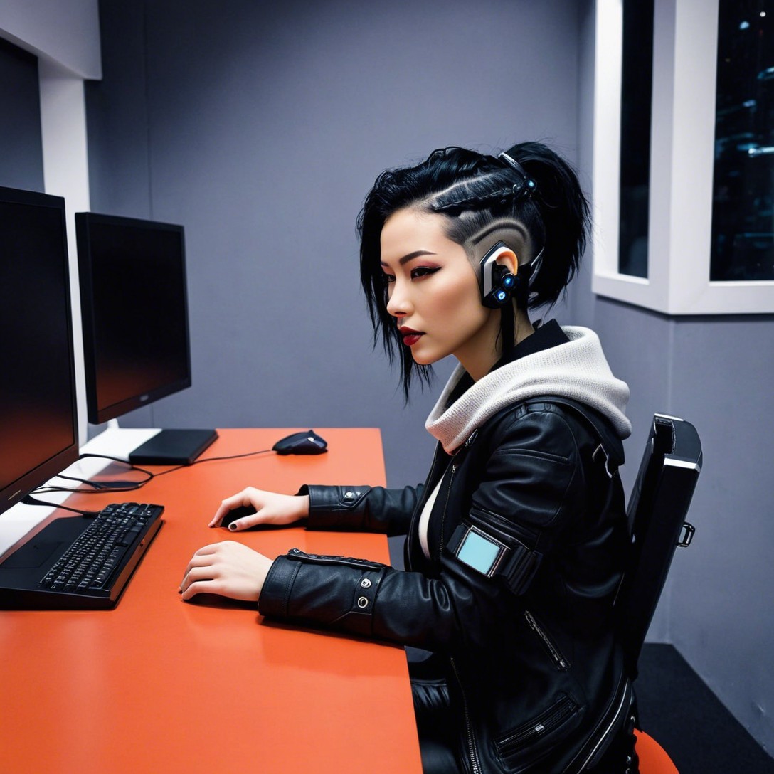 Young Woman with Cybernetic Haircut at Desktop Setup