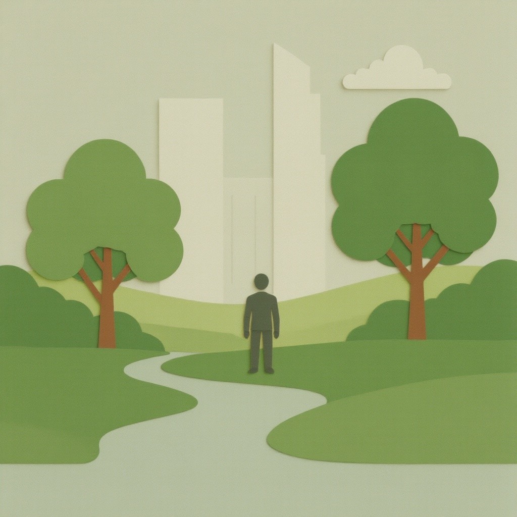 Paper Art Landscape with Path and Stylized Trees