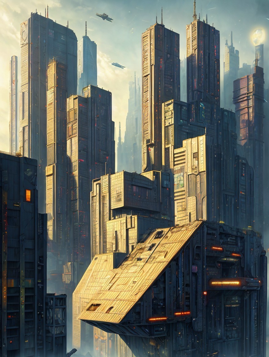 Futuristic cityscape with skyscrapers and neon lights