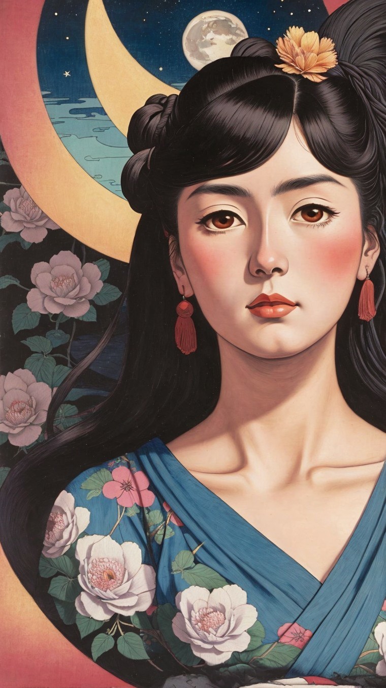 Serene Young Woman in Vibrant Kimono Under Moonlight