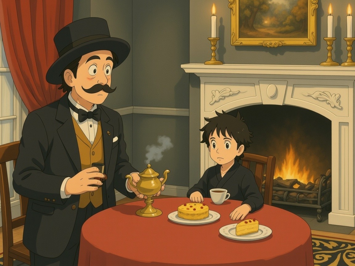 anime-style illustration of a man and boy at a table