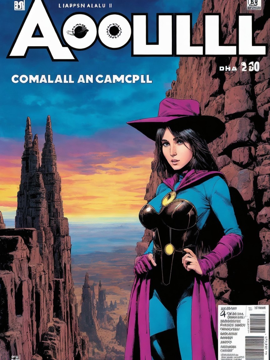 Superheroine in Blue Costume with Sunset Background