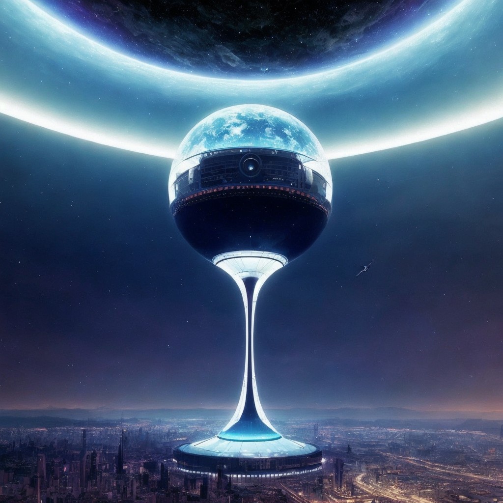 Futuristic cityscape with hourglass structure and cosmos