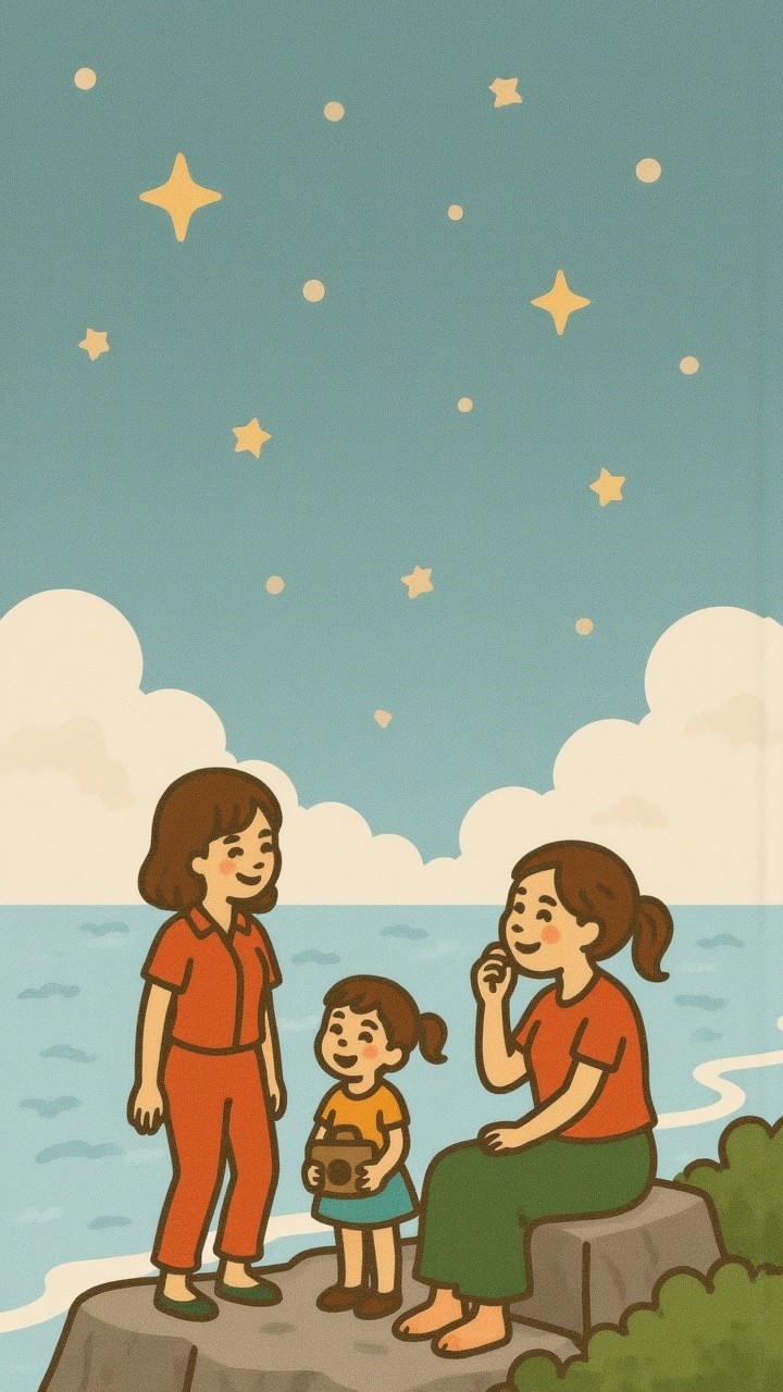 Three Characters by the Seaside with Starry Sky