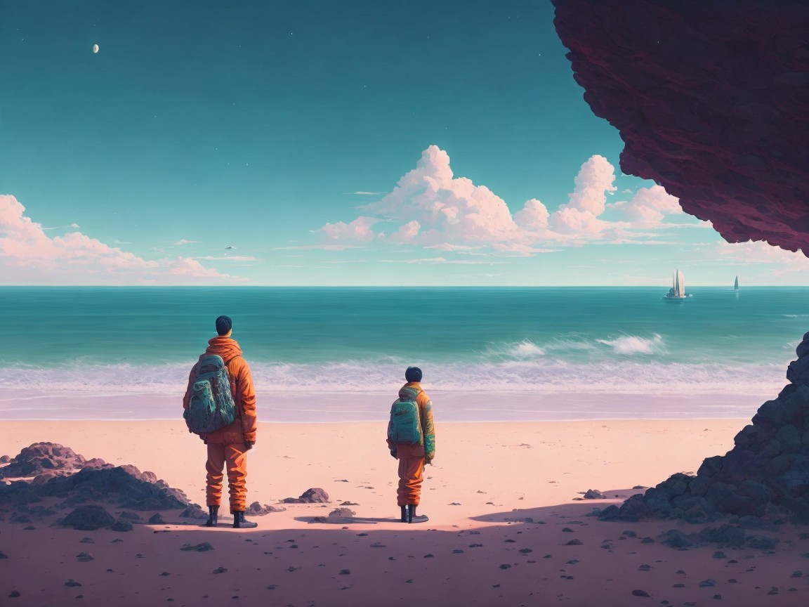 Astronauts in Orange Suits on a Serene Beach
