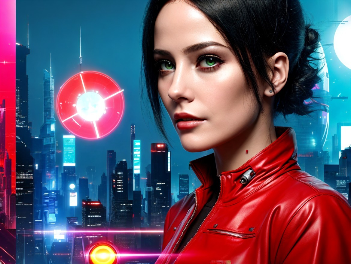 Futuristic Female Figure in Neon Cityscape Setting
