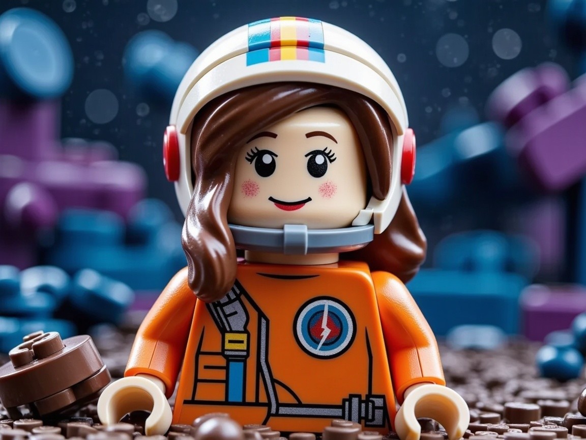 Cheerful Lego Female Astronaut in Colorful Space Scene