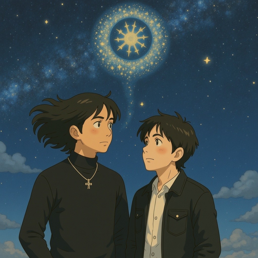 Boys Observing Starry Night Sky with Celestial Symbol