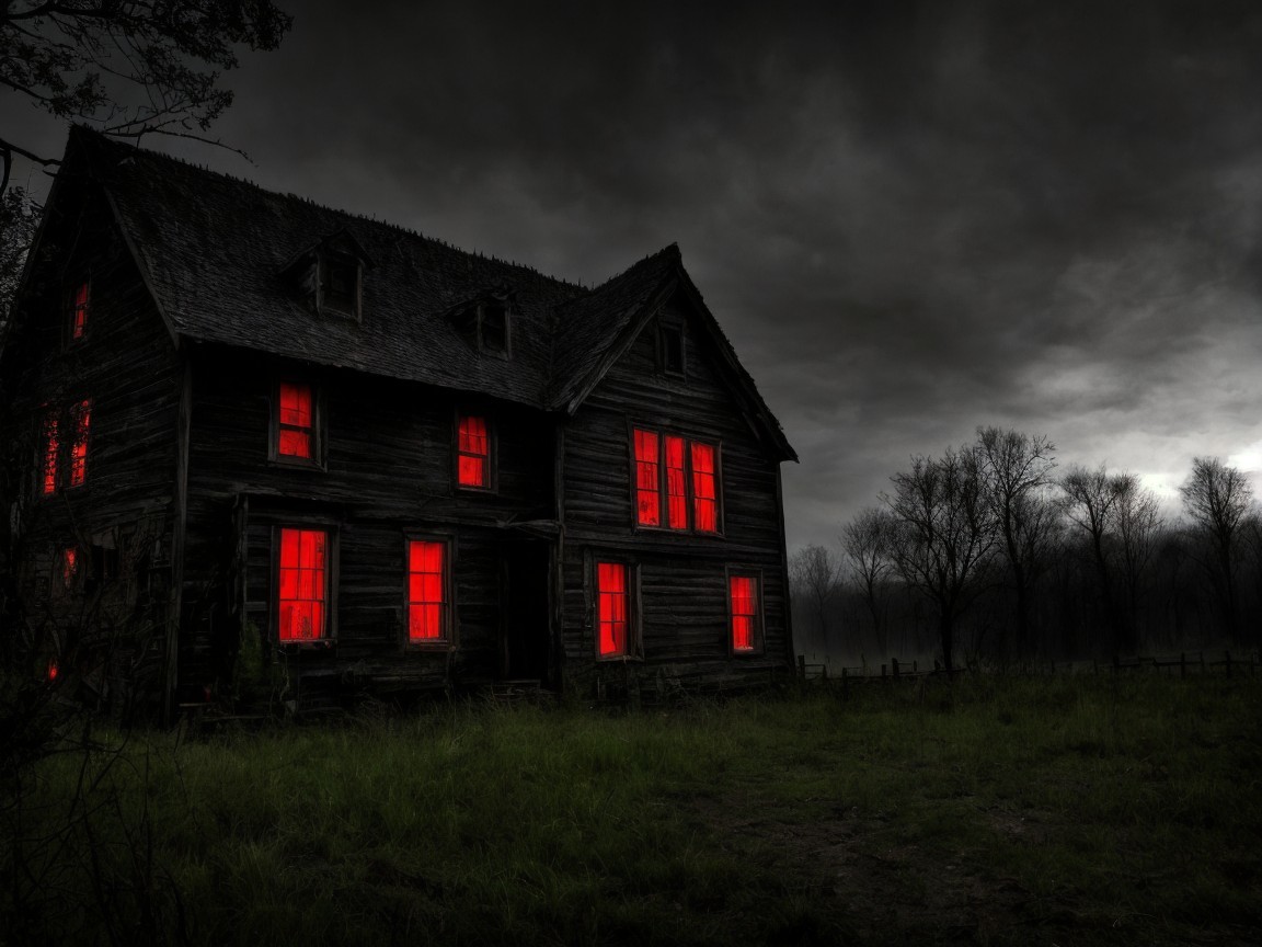 Eerie Dilapidated House Under Dark Stormy Sky