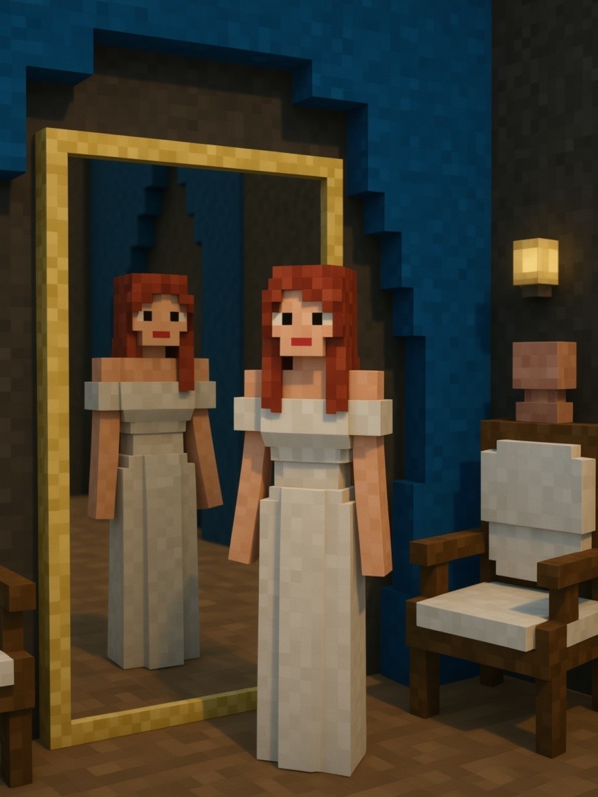 Pixelated Room with Character and Golden Mirror