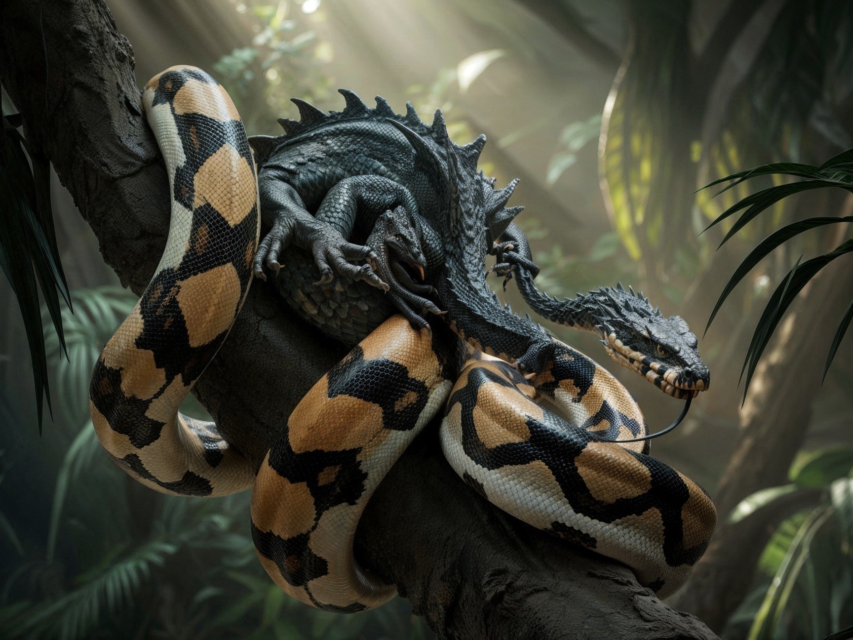 Hybrid Snake-Dragon Creature in Misty Jungle Setting