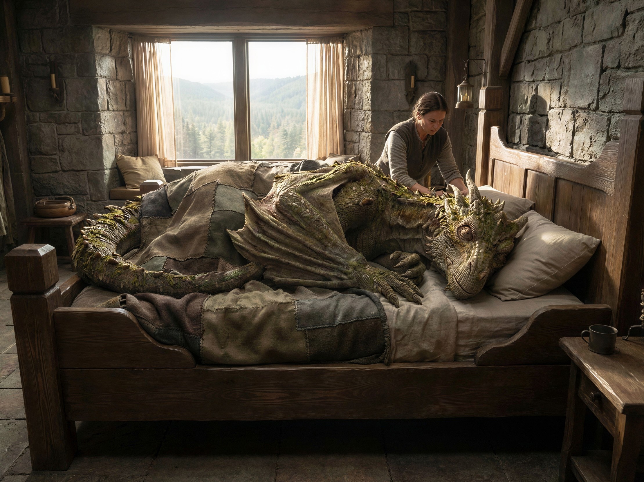 Cozy Room with Woman and Small Green Dragon