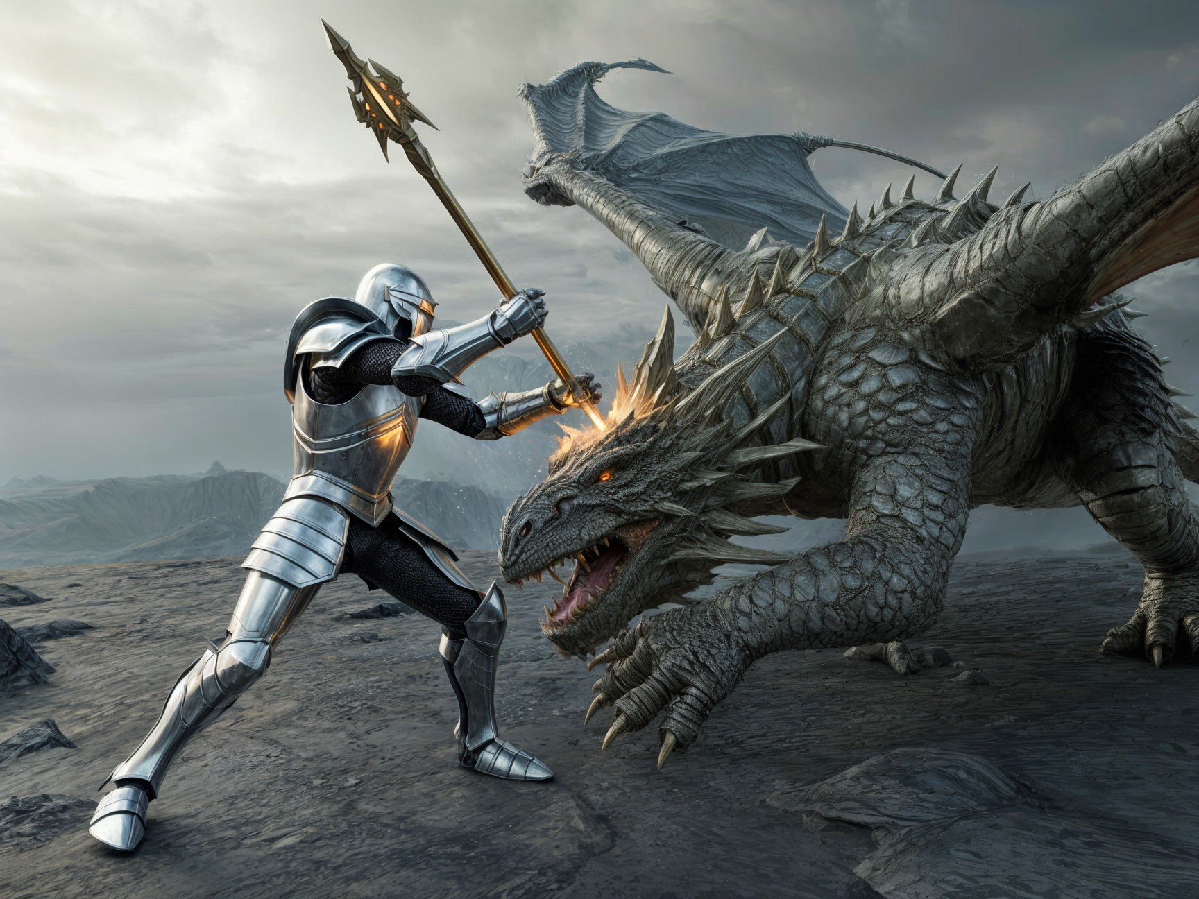 Knight and Dragon Clash in Dramatic Landscape Scene