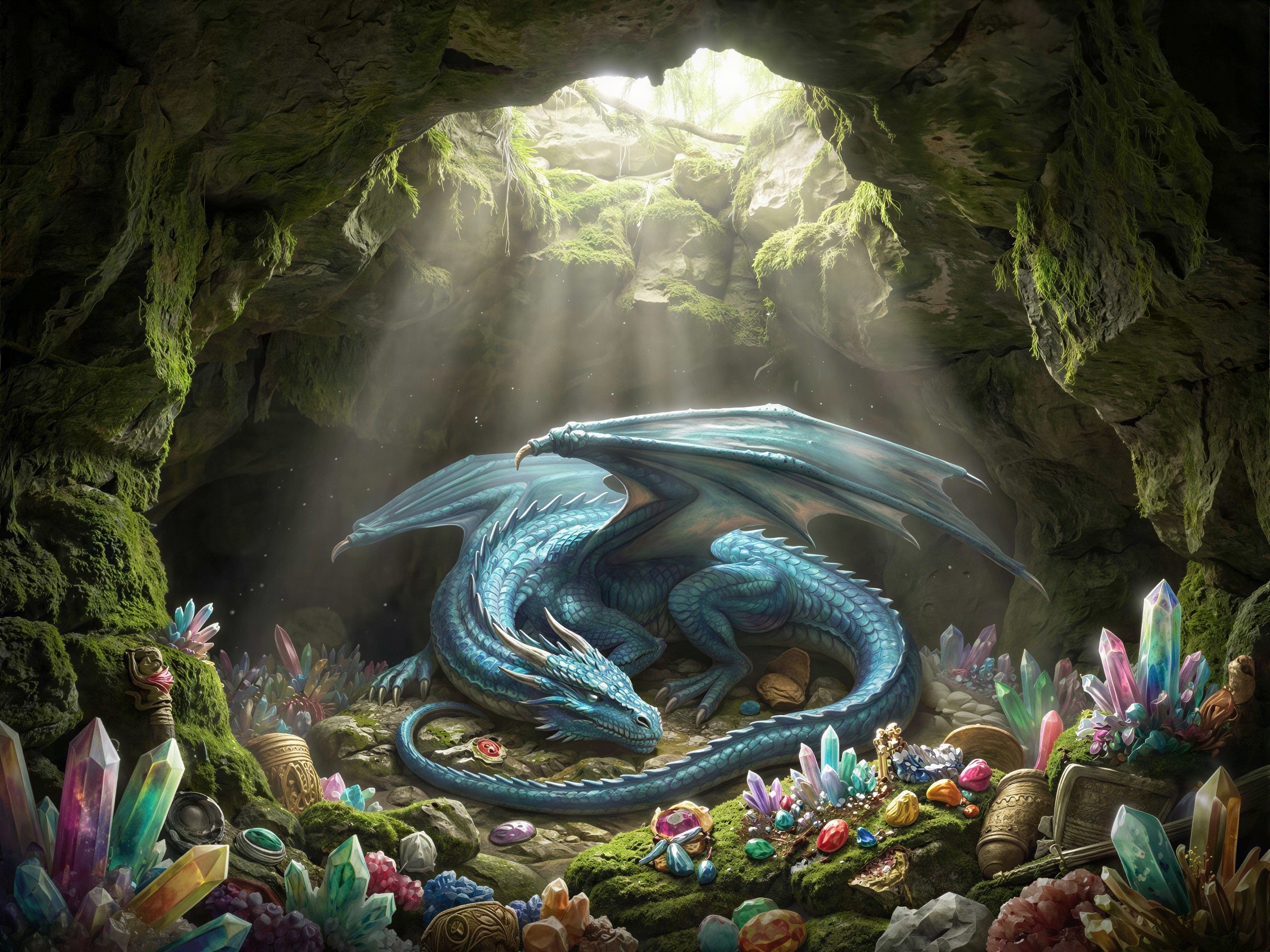 Majestic Blue Dragon in Ethereal Crystal Cave