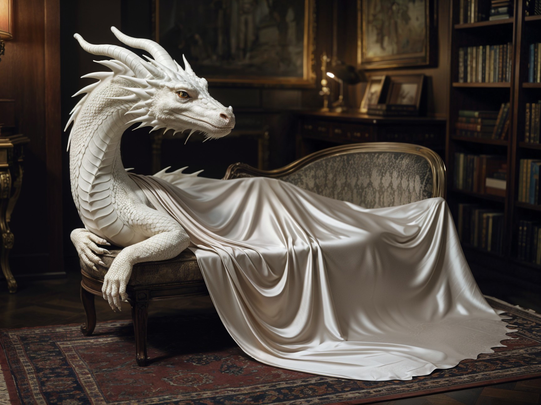 Majestic White Dragon on Vintage Chaise Longue