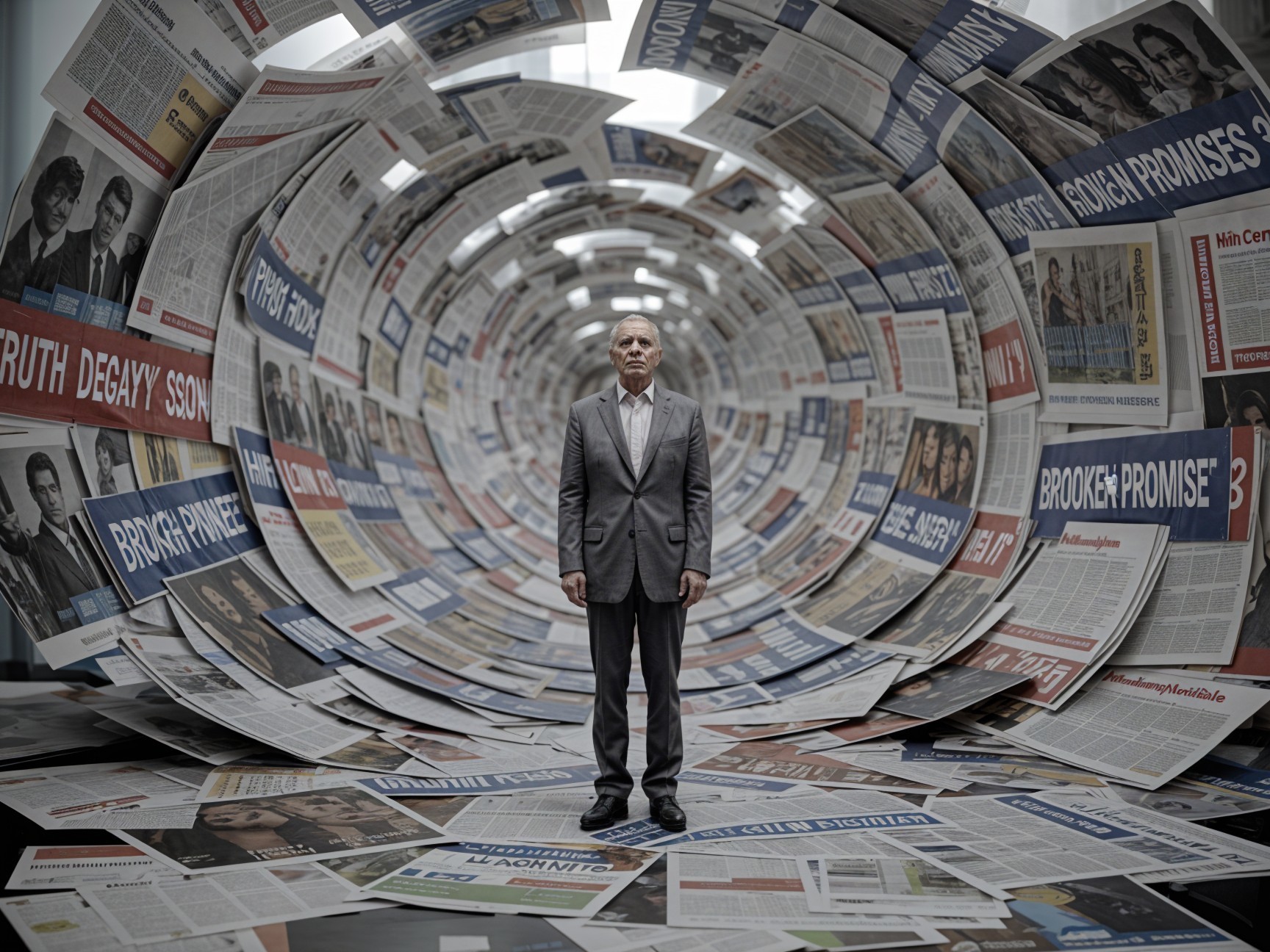 Man in Suit Surrounded by Vortex of Newspapers