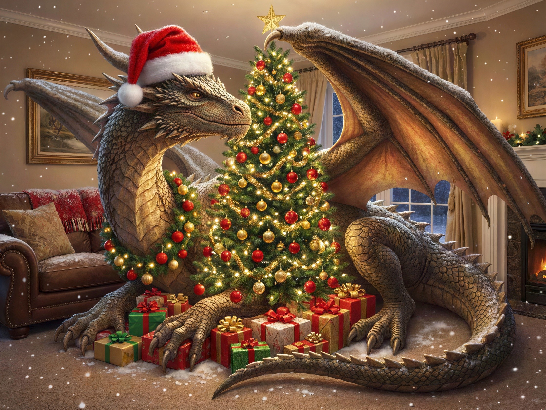 Dragon in Santa Hat in Festive Living Room Scene