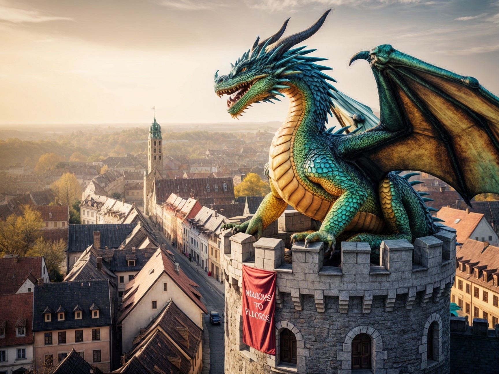 Dragon on Ancient Tower Overlooking Medieval Town