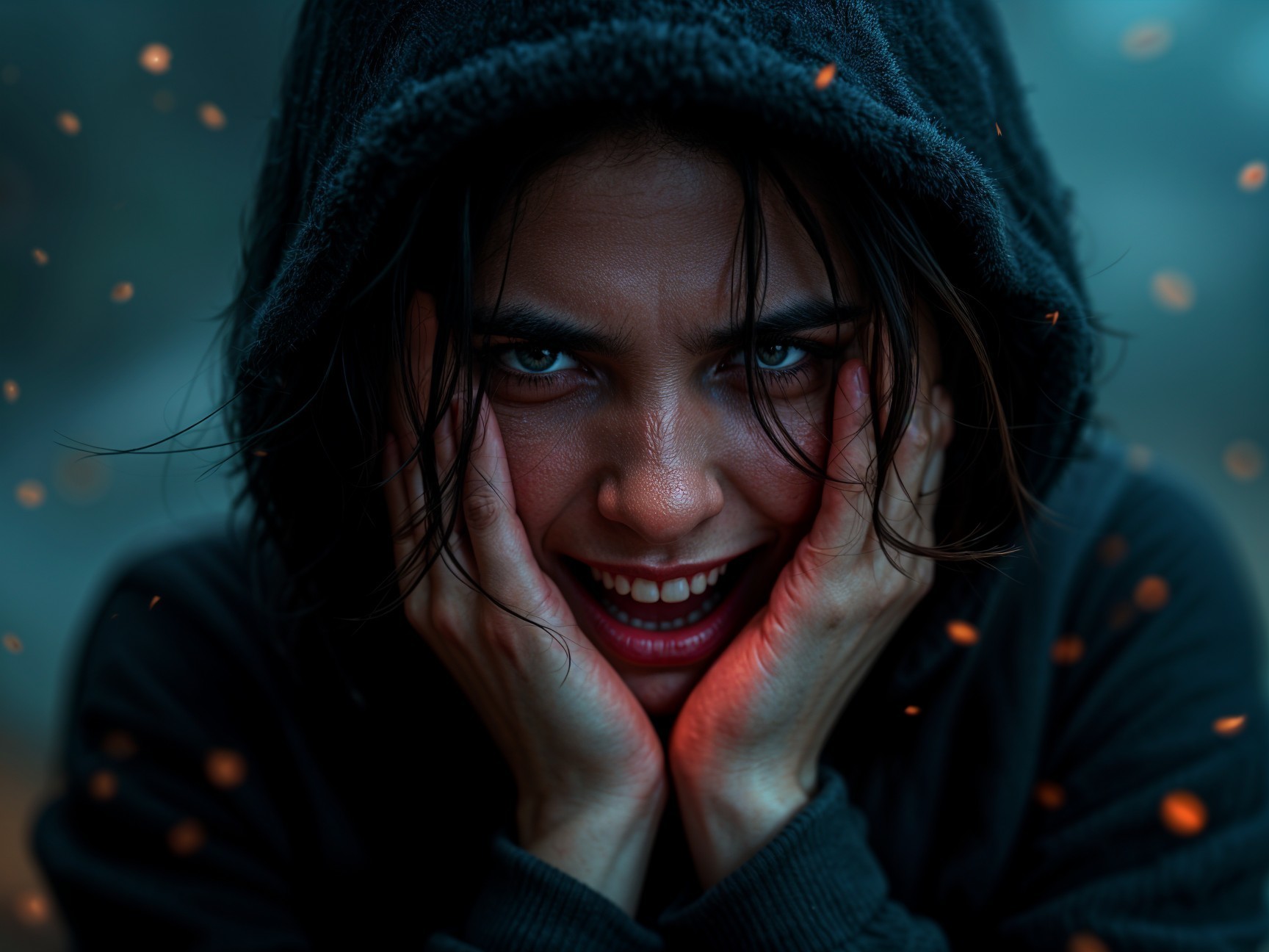 Young woman with blue eyes and tousled hair in hoodie