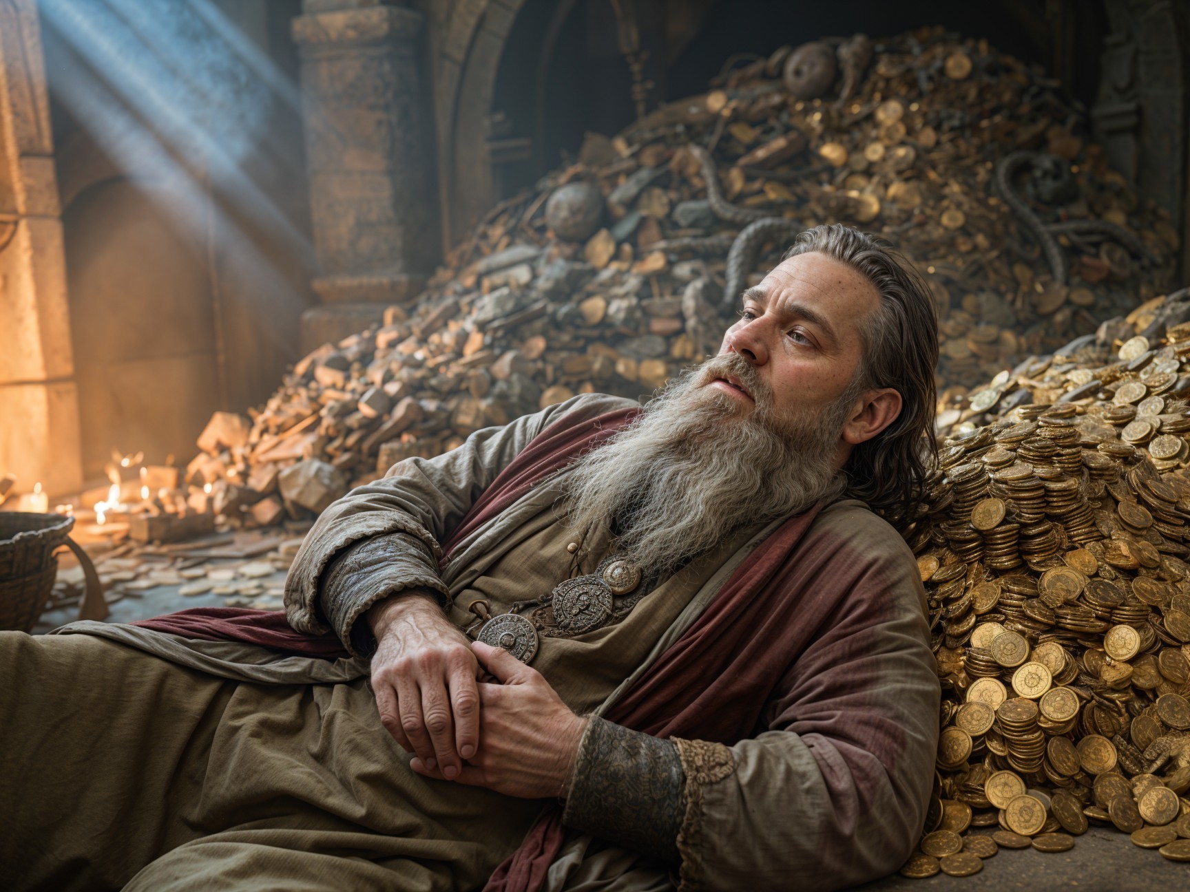 Bearded Man Surrounded by Gold Coins and Treasures
