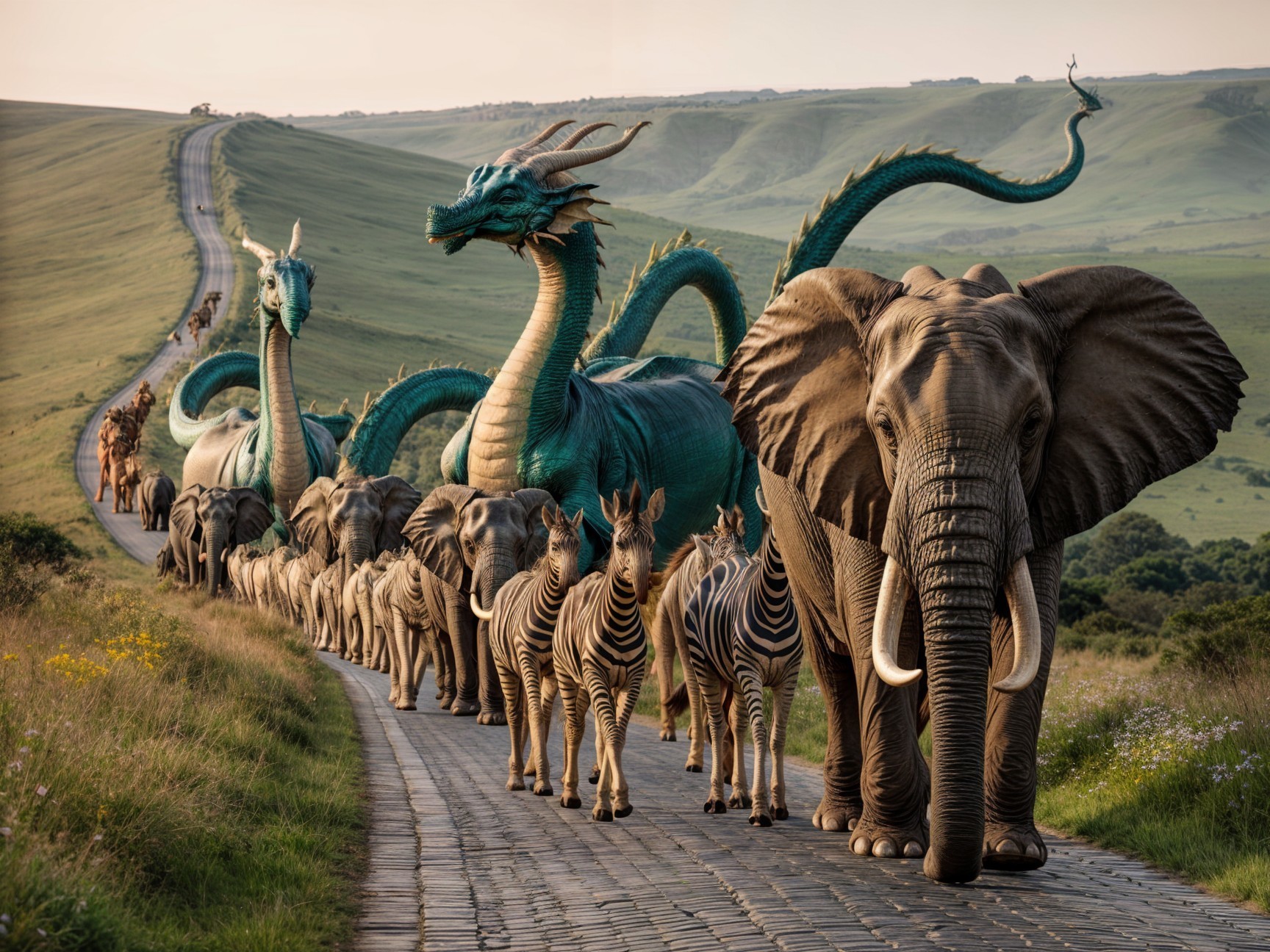 Majestic Animal Procession on a Winding Road