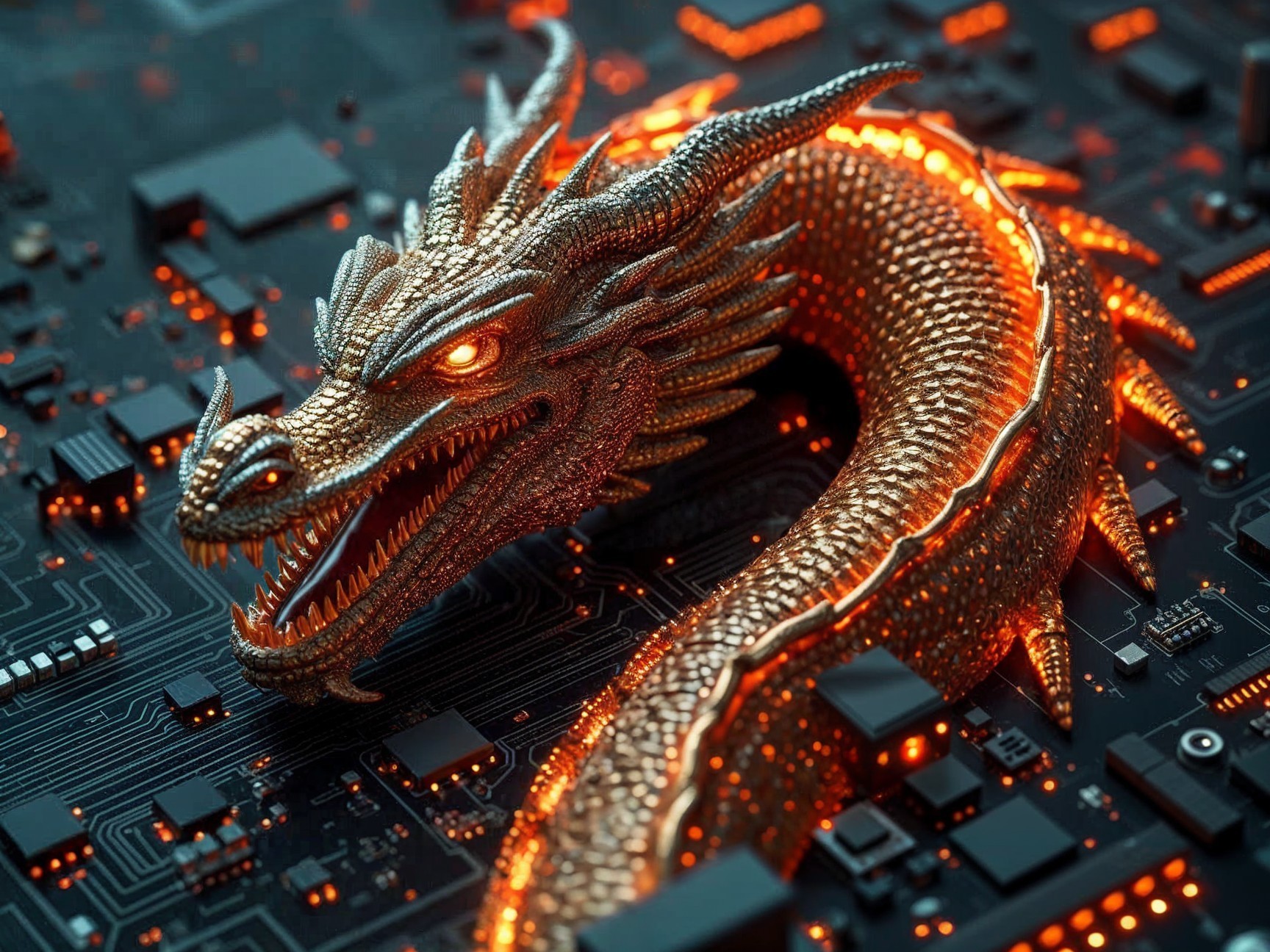 Intricately Designed Dragon on Circuit Board Background