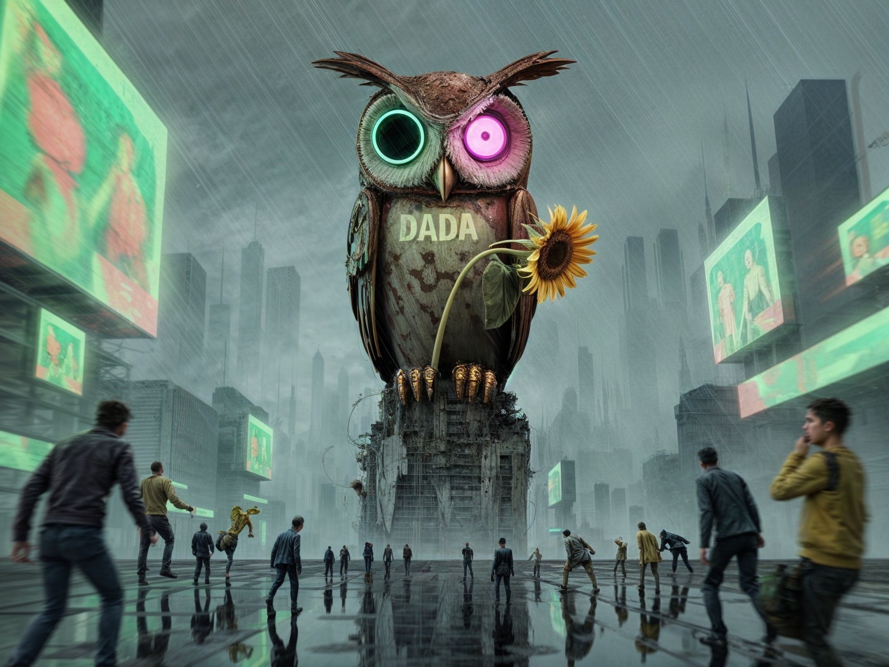 Dystopian Cityscape with Neon Owl and Rainy Streets