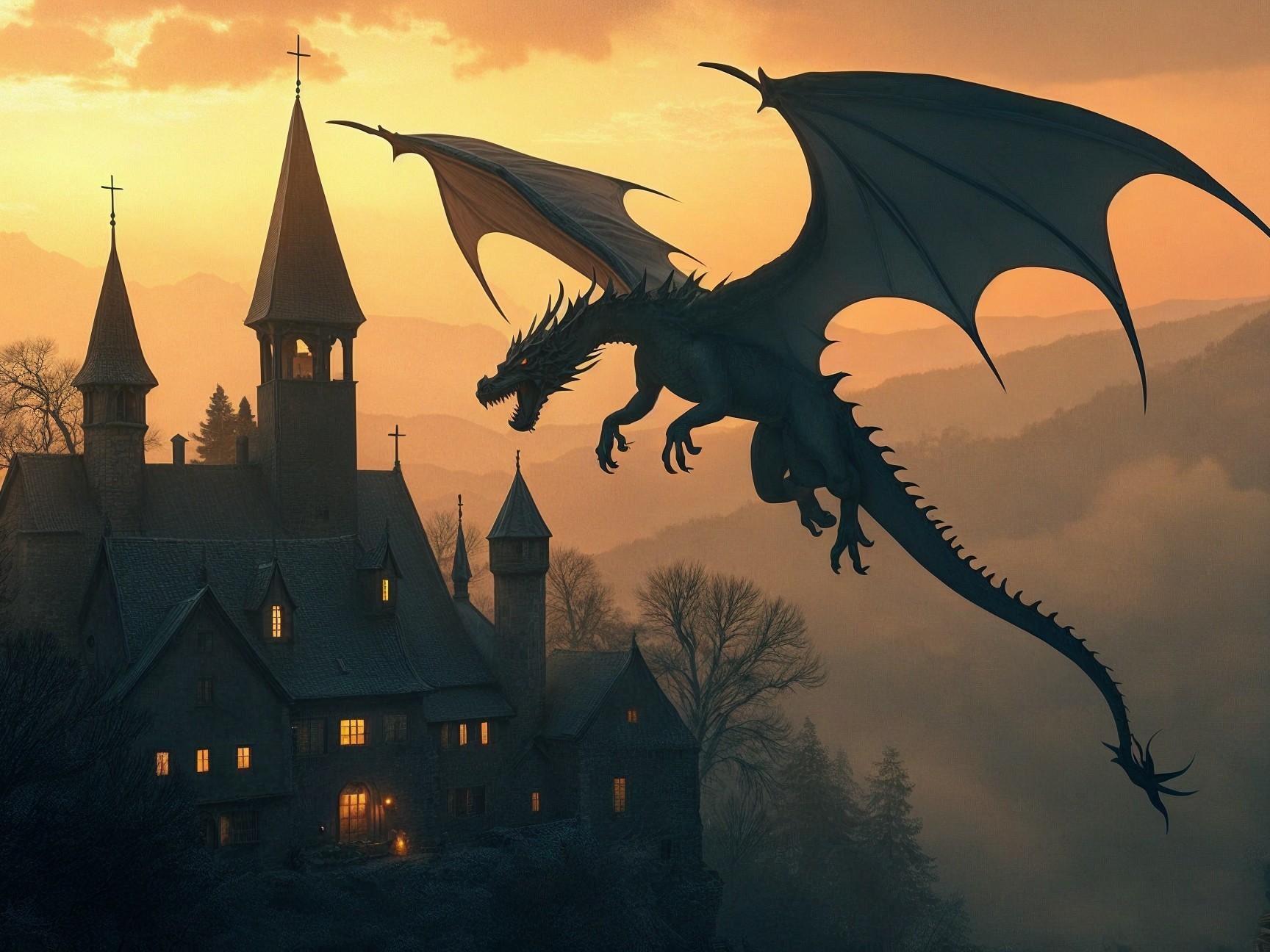 Dragon in Twilight Sky Over Enchanting Castle