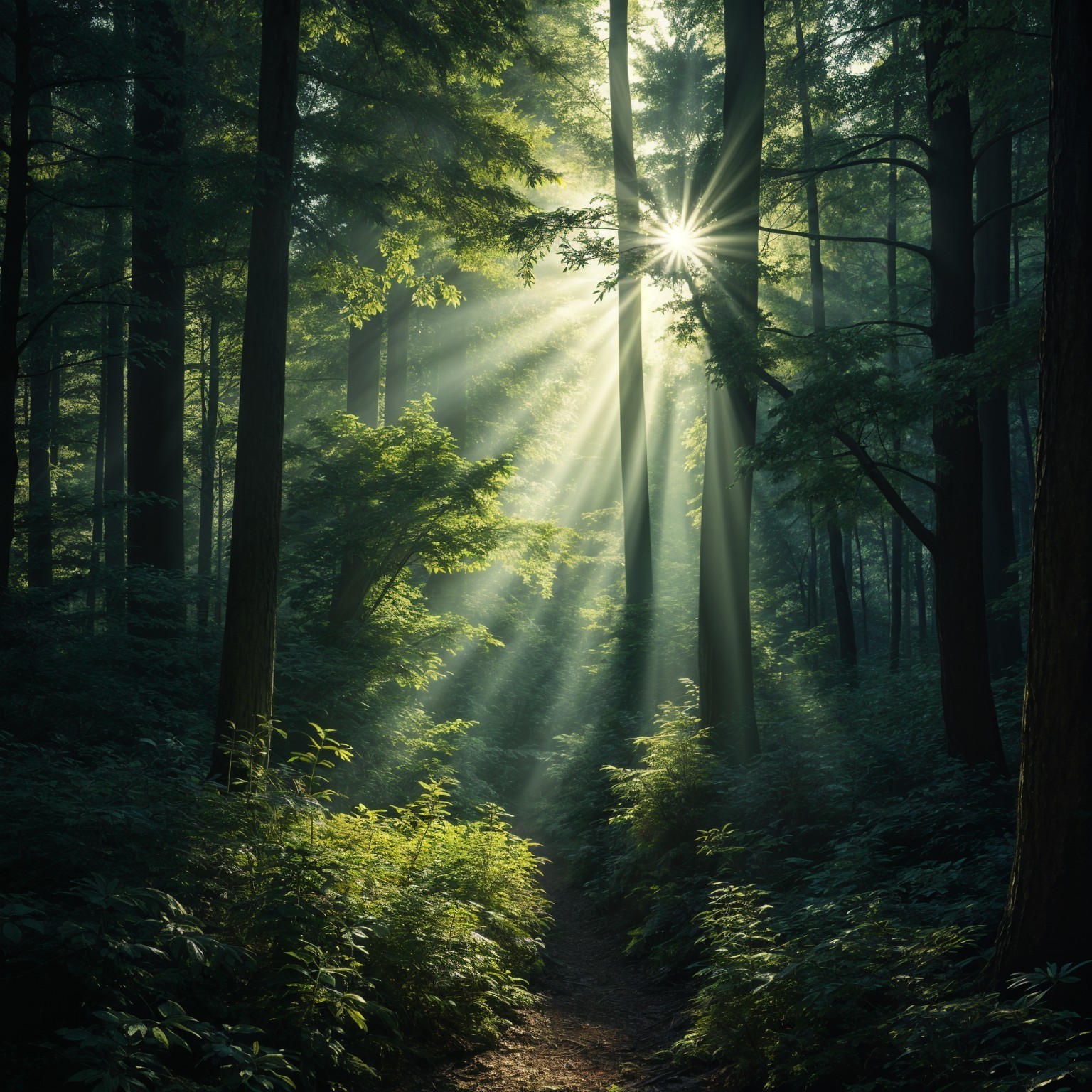 Sunlight and Shadows in a Serene Forest Path