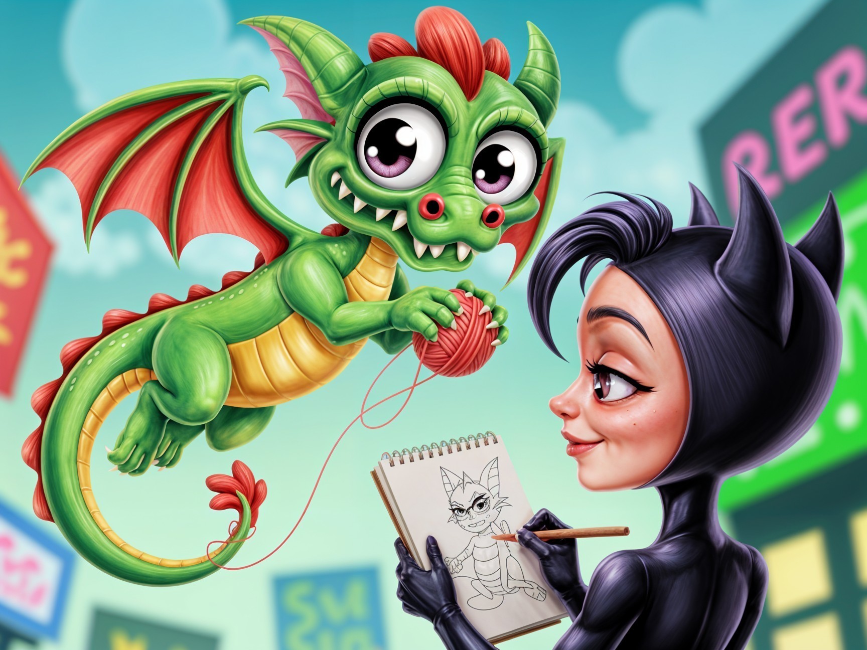 Whimsical Scene of a Dragon and Cat-Inspired Character