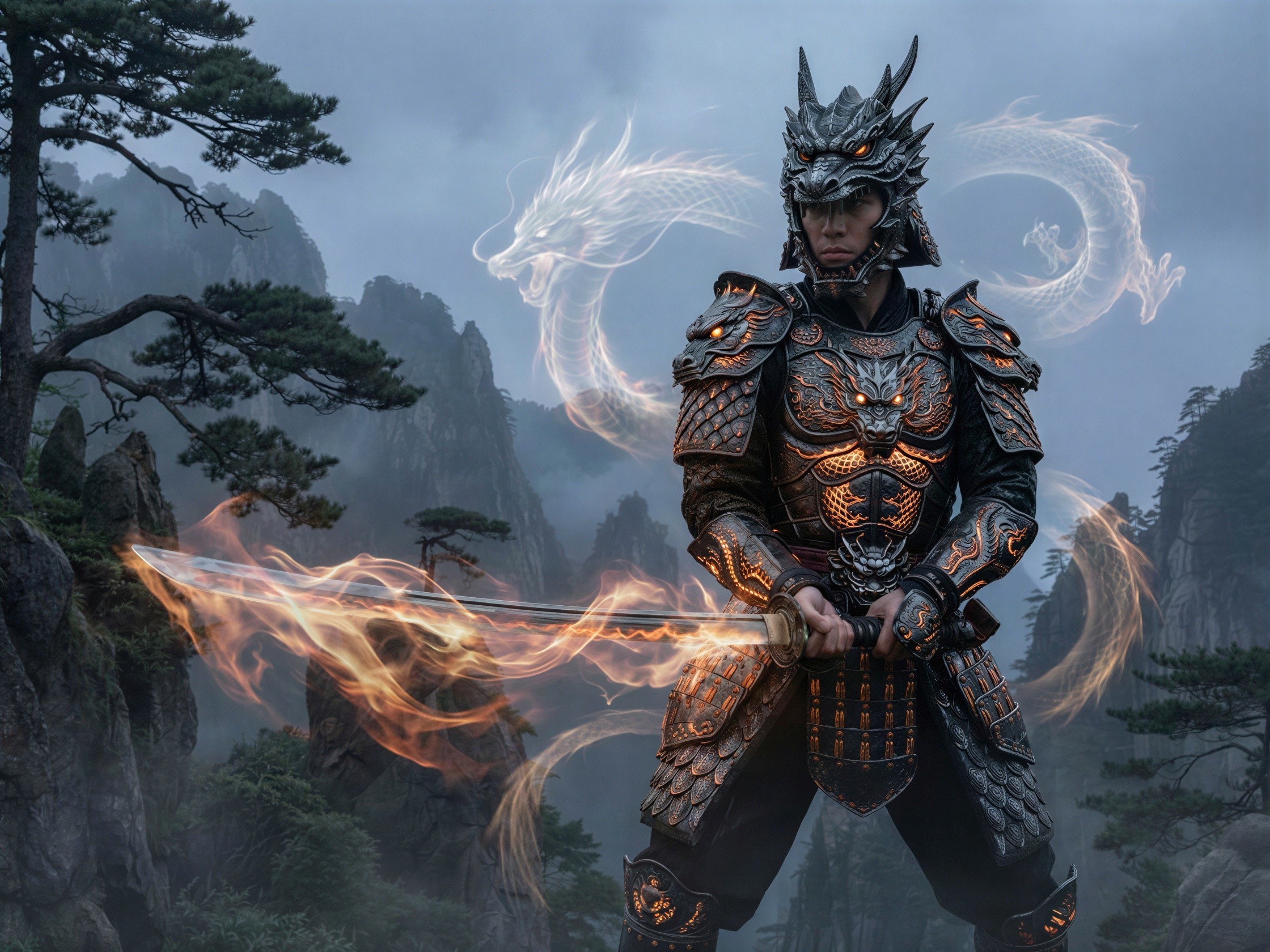 Samurai Warrior with Flaming Sword and Dragon Armor