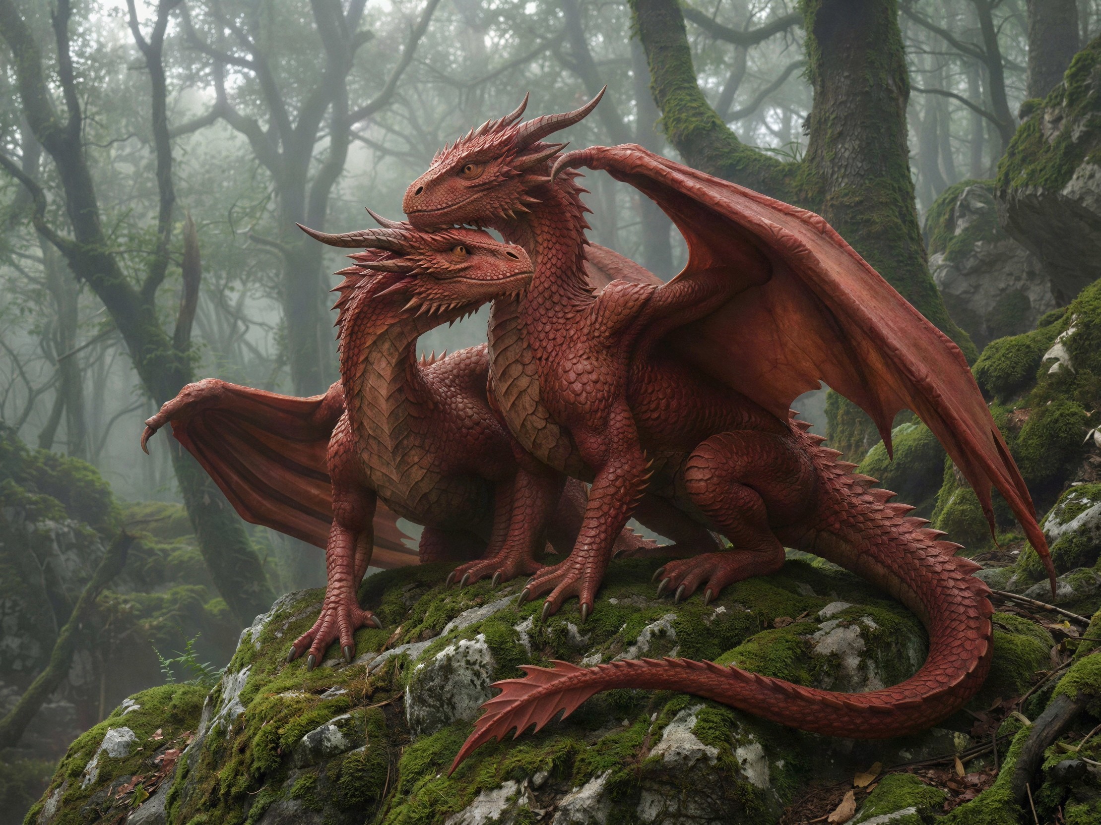 Regal red dragons in a mystical foggy forest setting