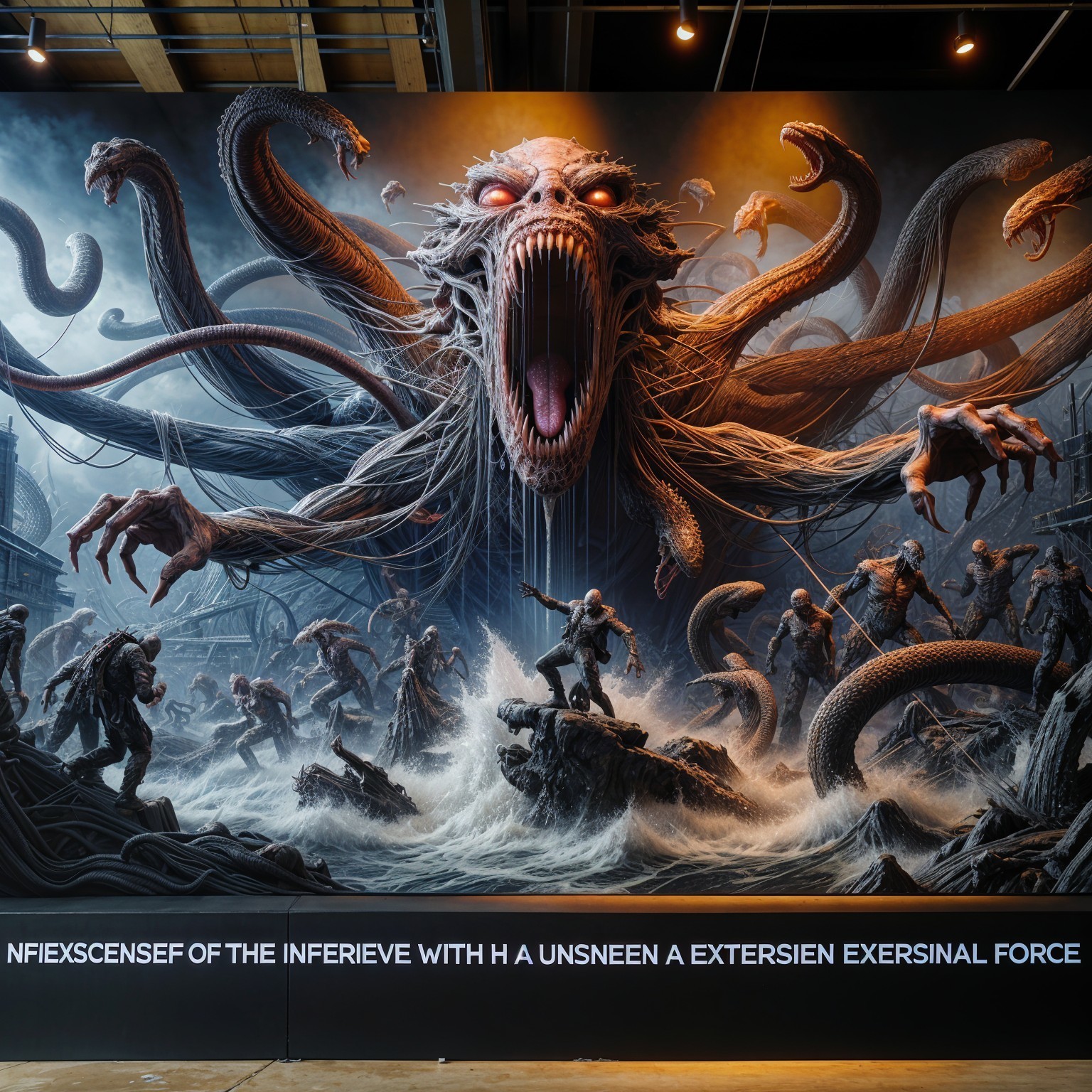 Monstrous Figure in Chaotic Dark Scene Depicting Horror