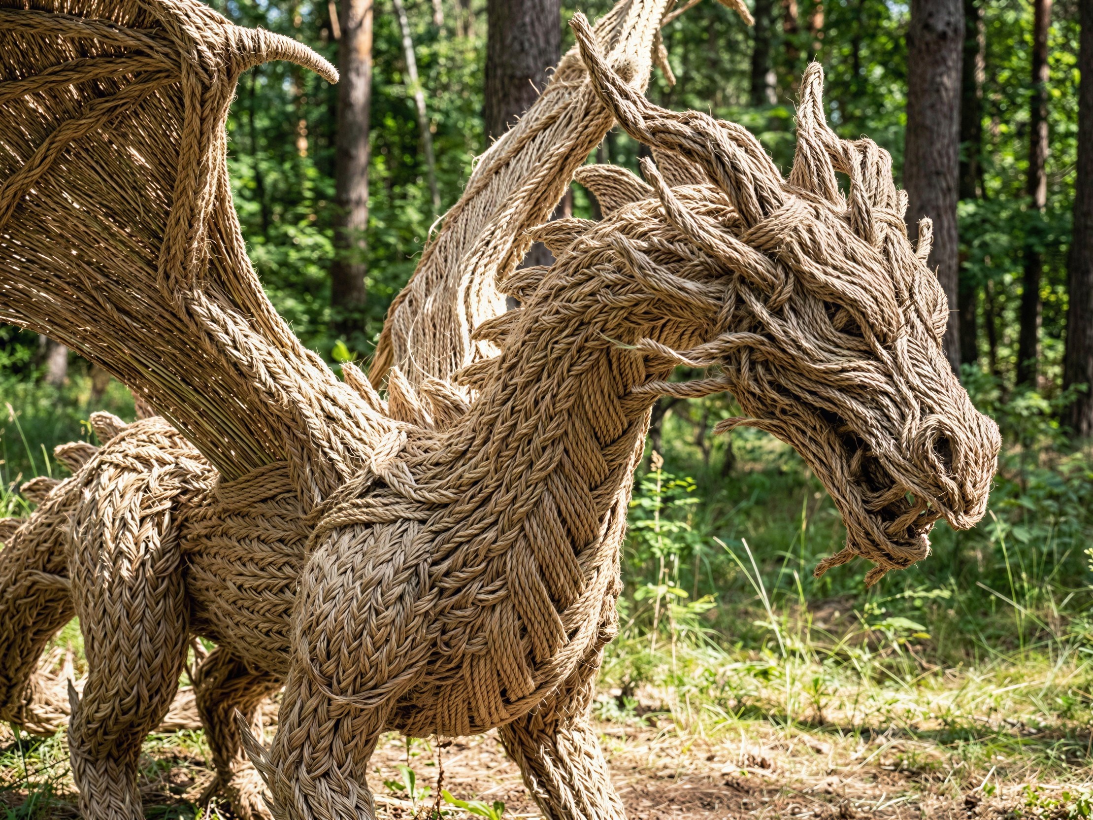 Life-sized dragon sculpture from woven natural fibers