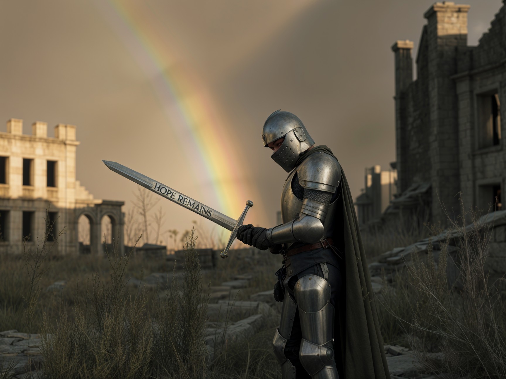 Lone Knight in Armor in a Desolate Landscape