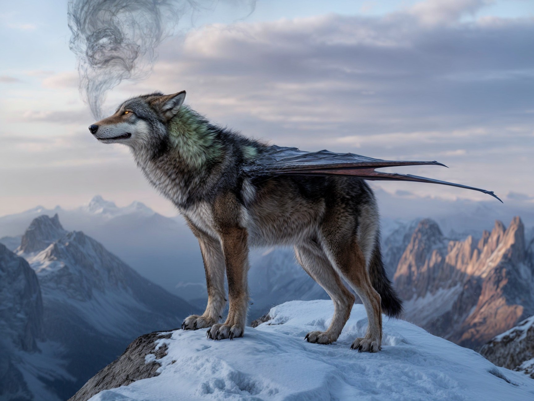 Wolf with Wings on Snowy Mountain Peak