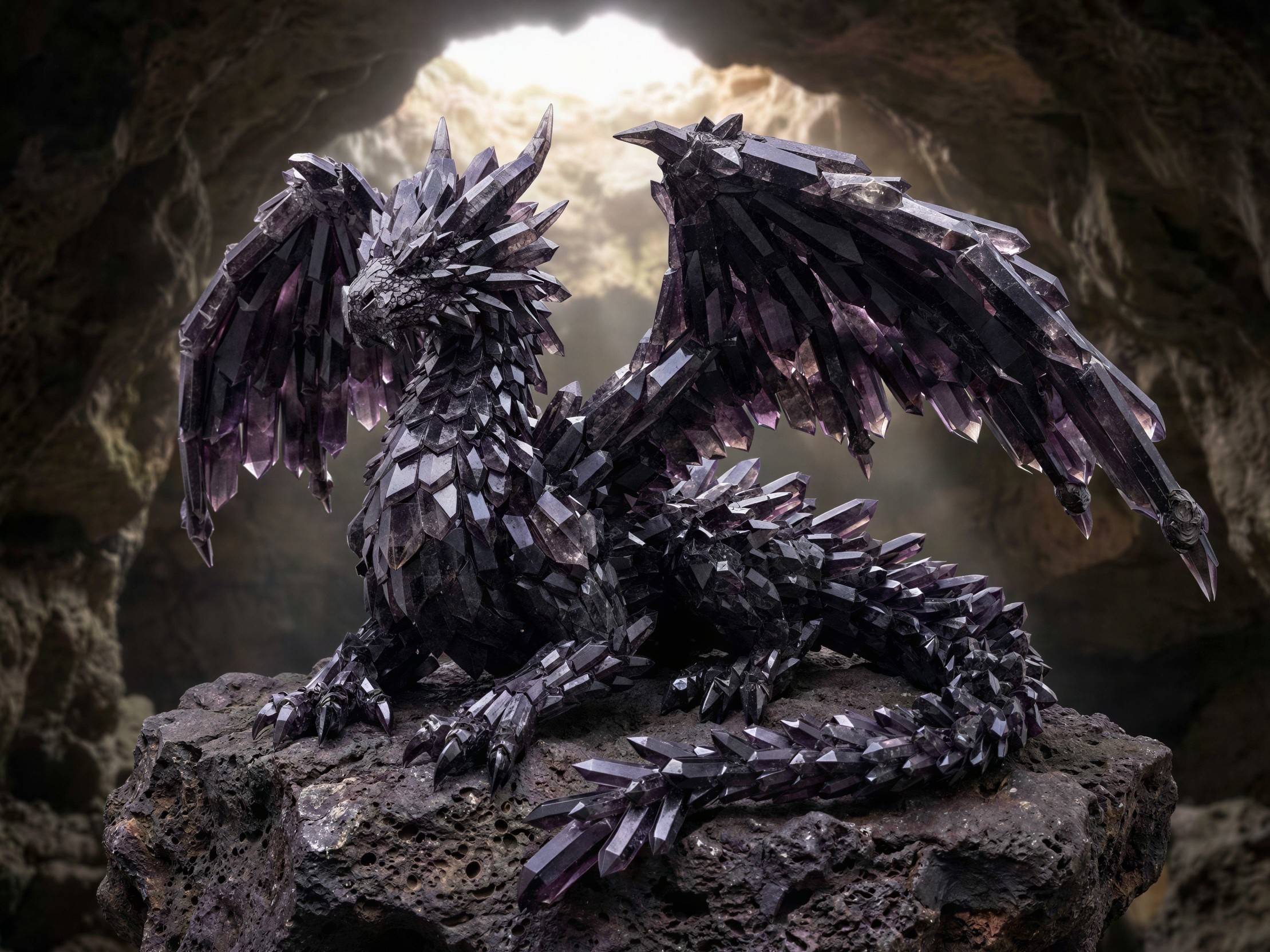 Amethyst Crystal Dragon Statue on Rock in Cave
