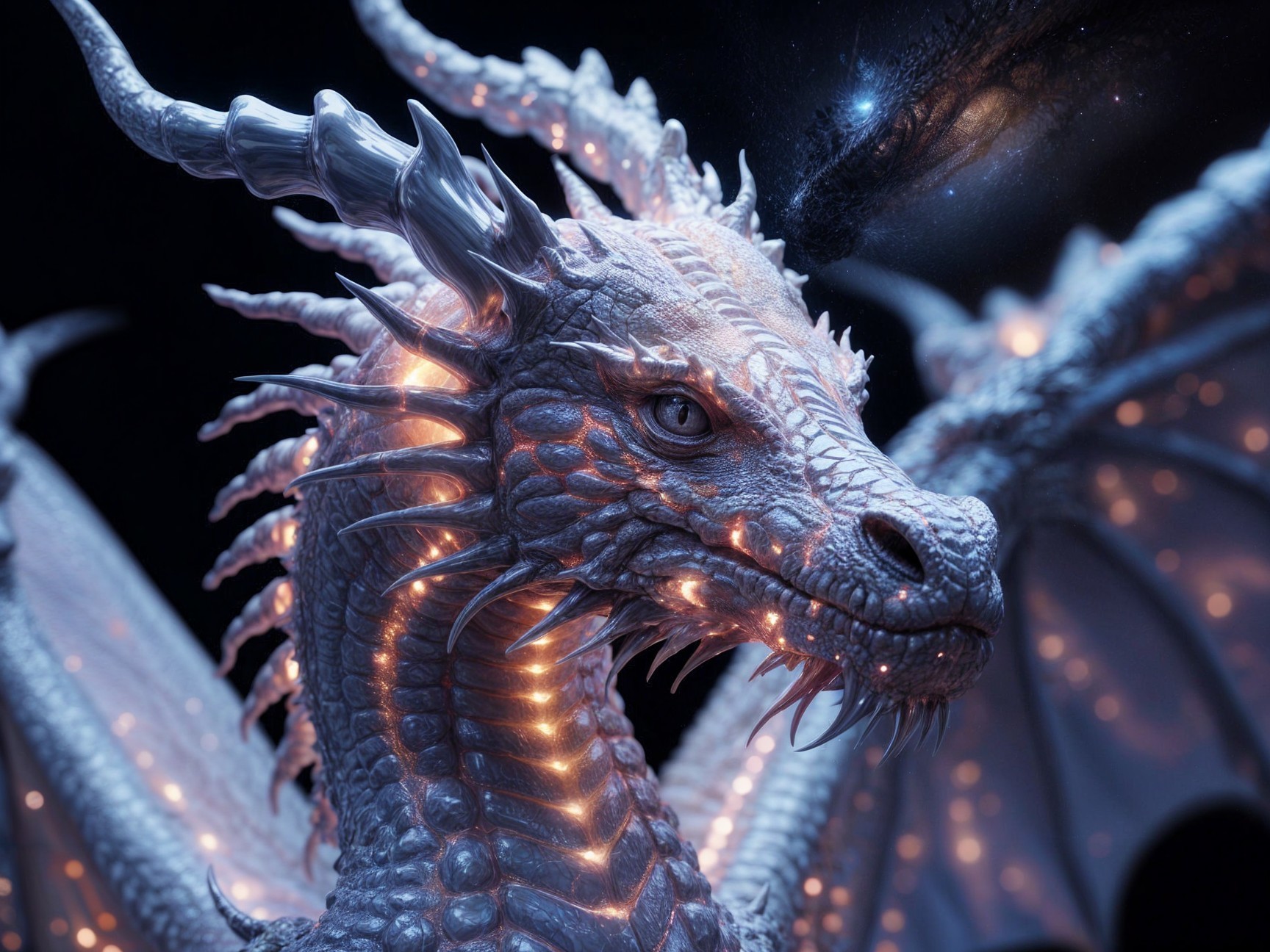 Majestic dragon with silver scales and cosmic backdrop