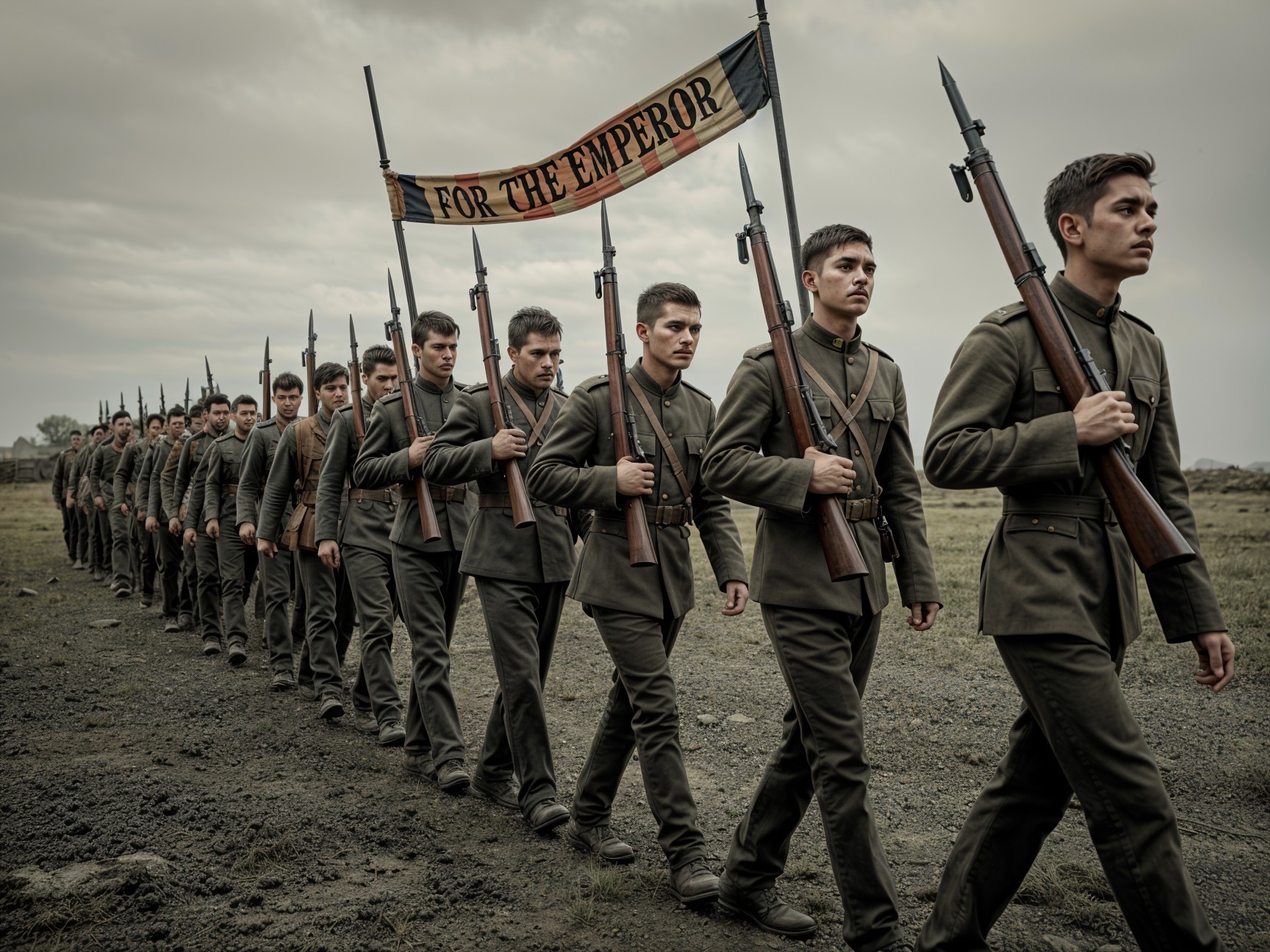 Soldiers Marching with Banner in Barren Landscape