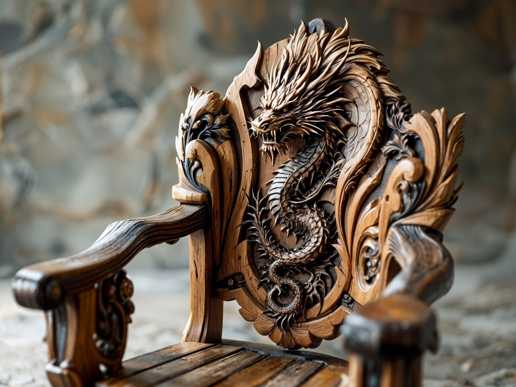 Intricately Carved Wooden Chair with Dragon Motif