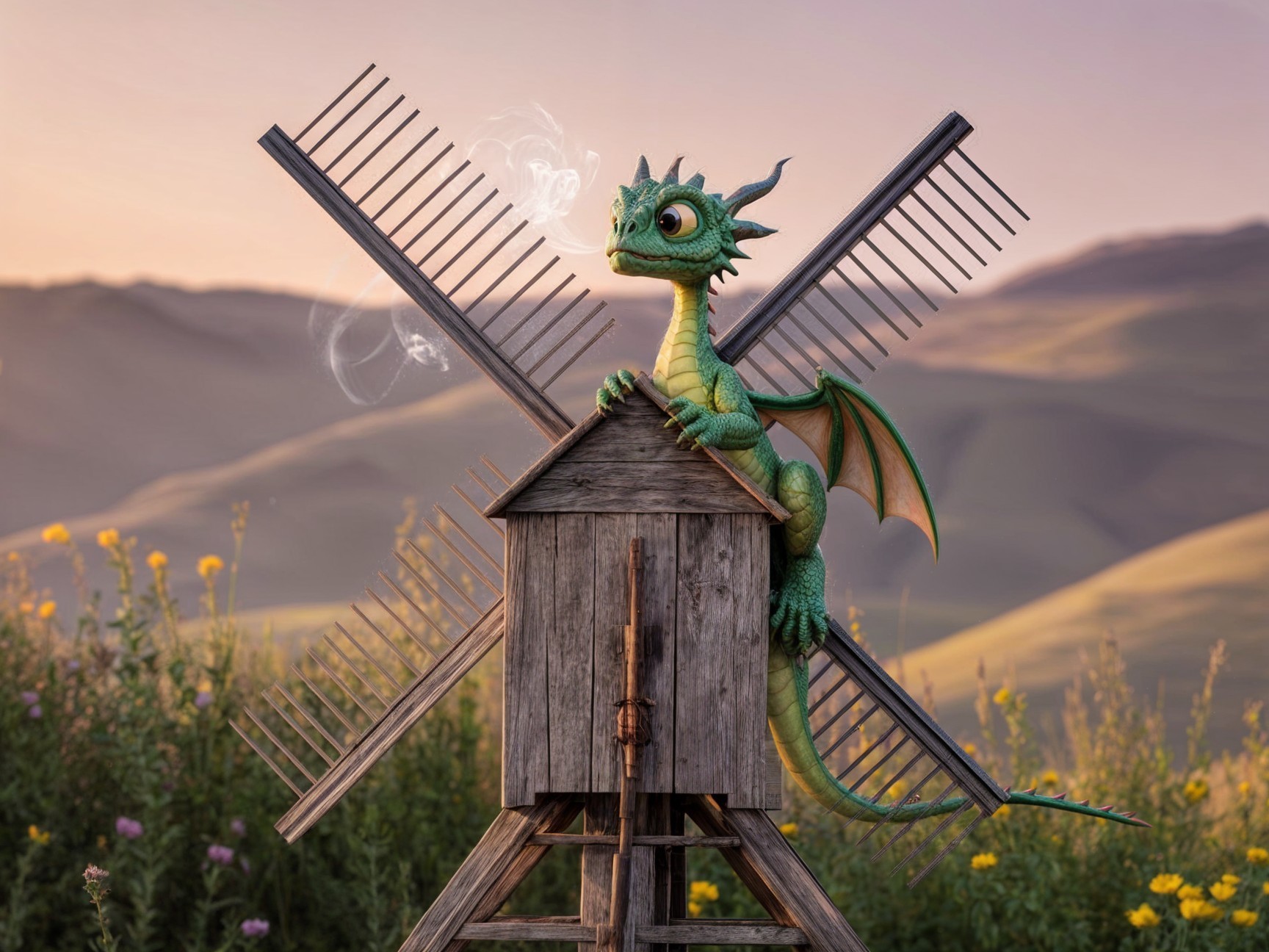 Whimsical Scene of a Dragon on a Windmill with Flowers