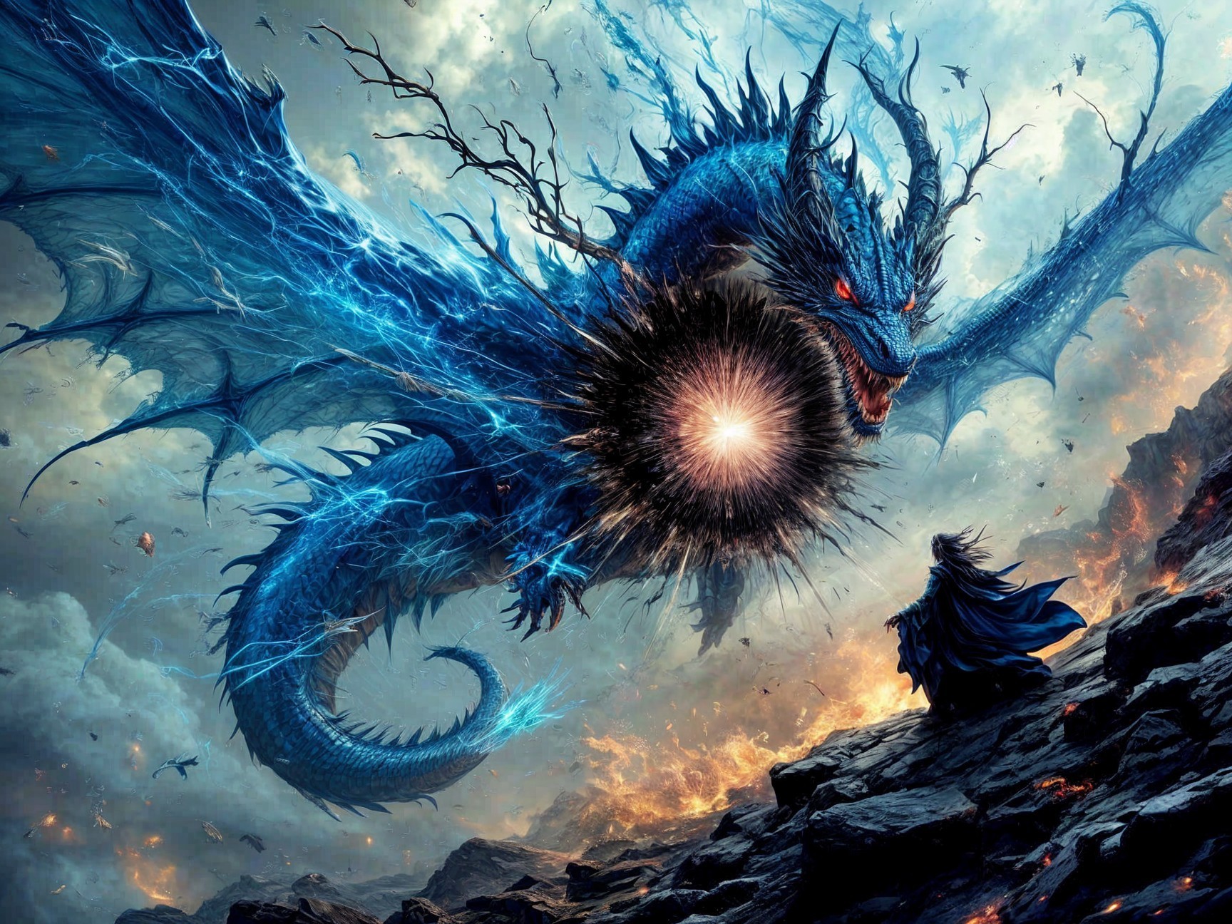 Blue Dragon Soaring Through Stormy Sky with Lightning