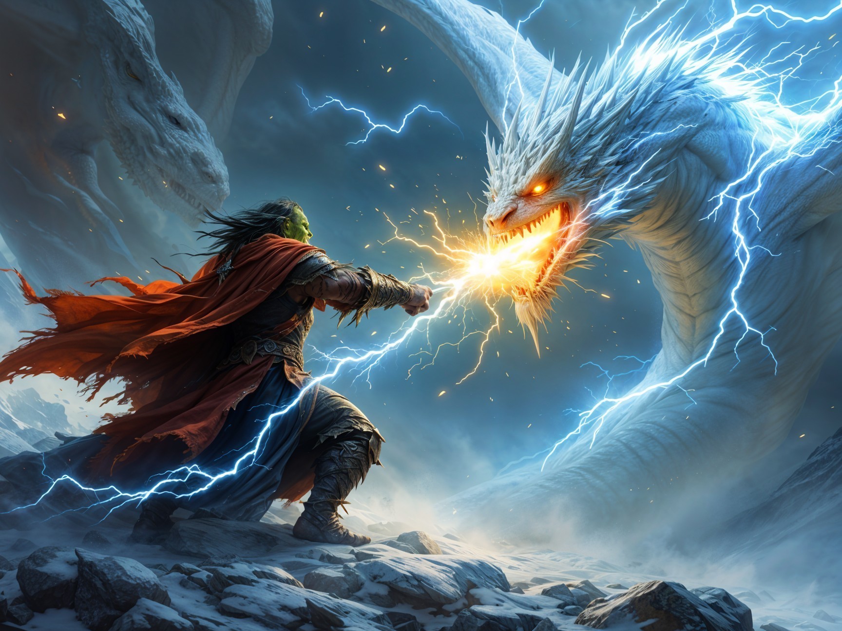Warrior and Dragon Clash Amidst Stormy Battle Scene