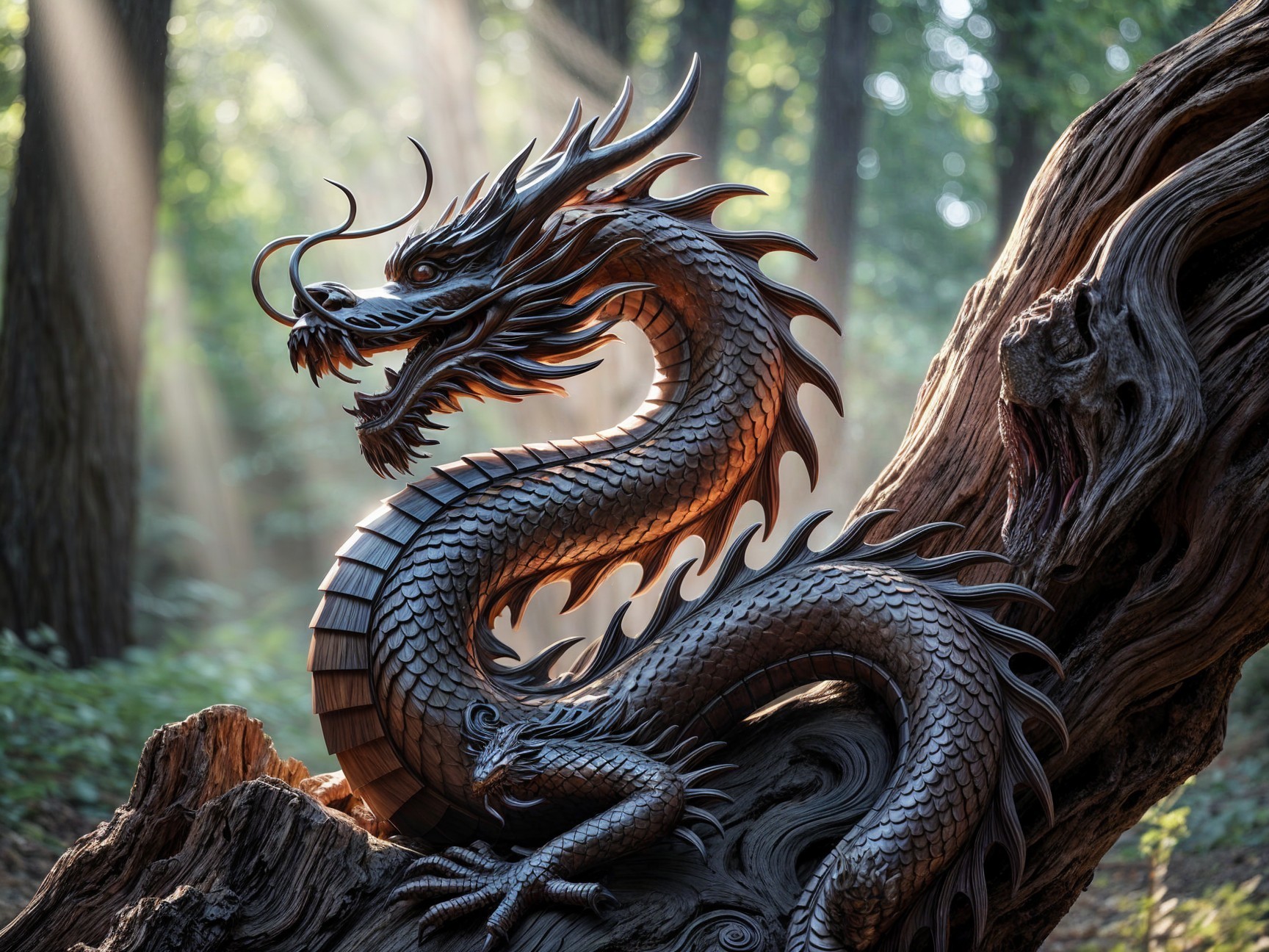 Wooden dragon sculpture on a log in forest setting