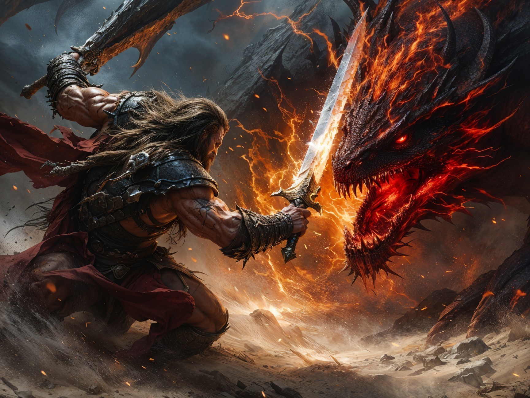 Warrior Battles Fiery Dragon in Epic Landscape Scene