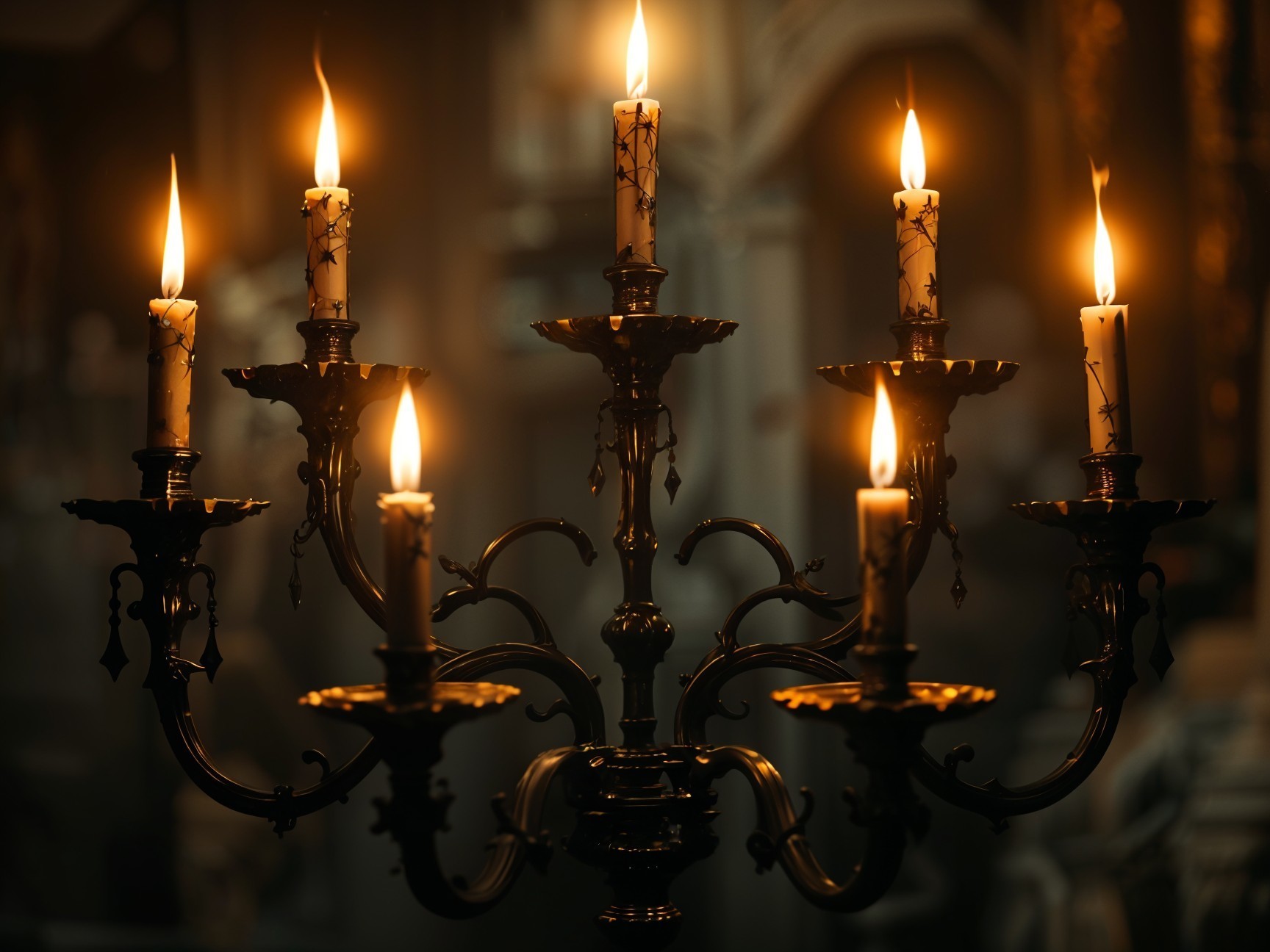 Ornate candelabrum with seven flickering candles